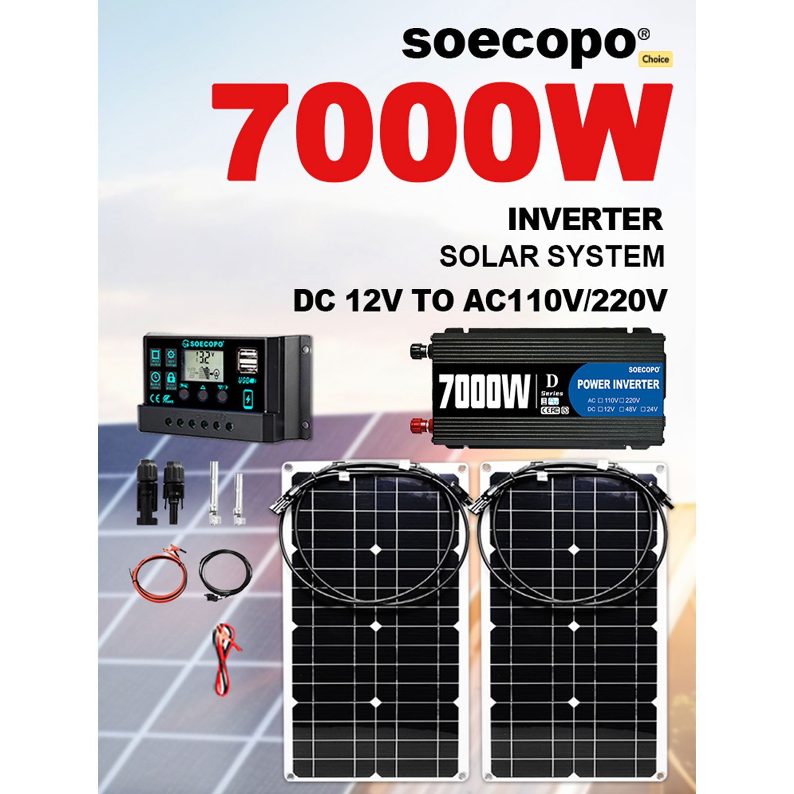 SOECOPO 7000W Peak Solar System Kit 2pcs Panel for Camping RV Home chargerGm