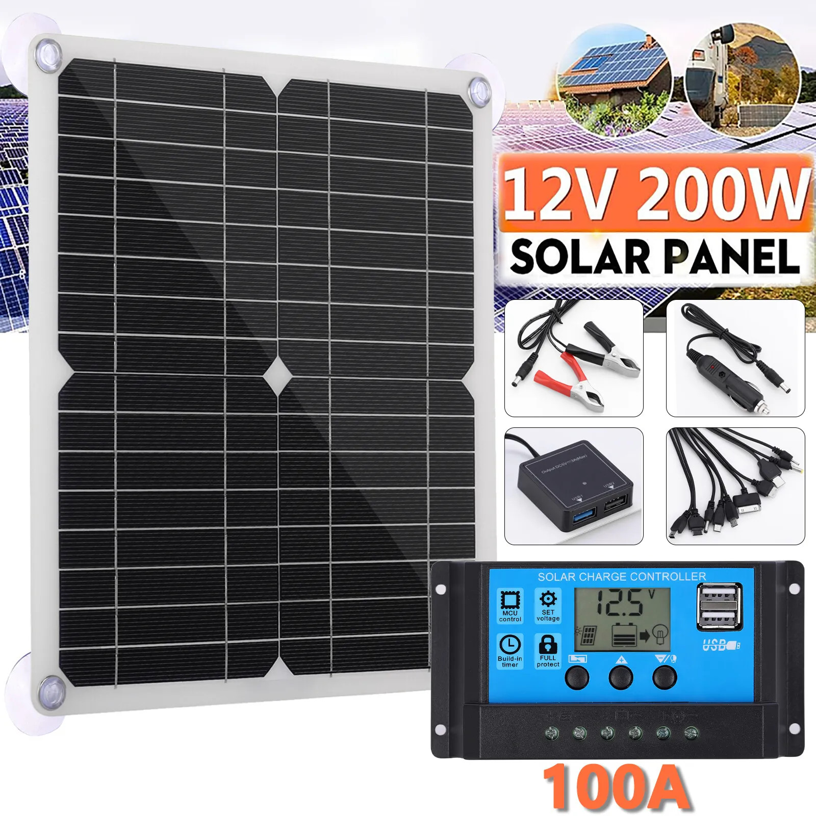 200W Solar Panel Kit 100A 12V battery Charger Controller Caravan Boat Outdoor RV