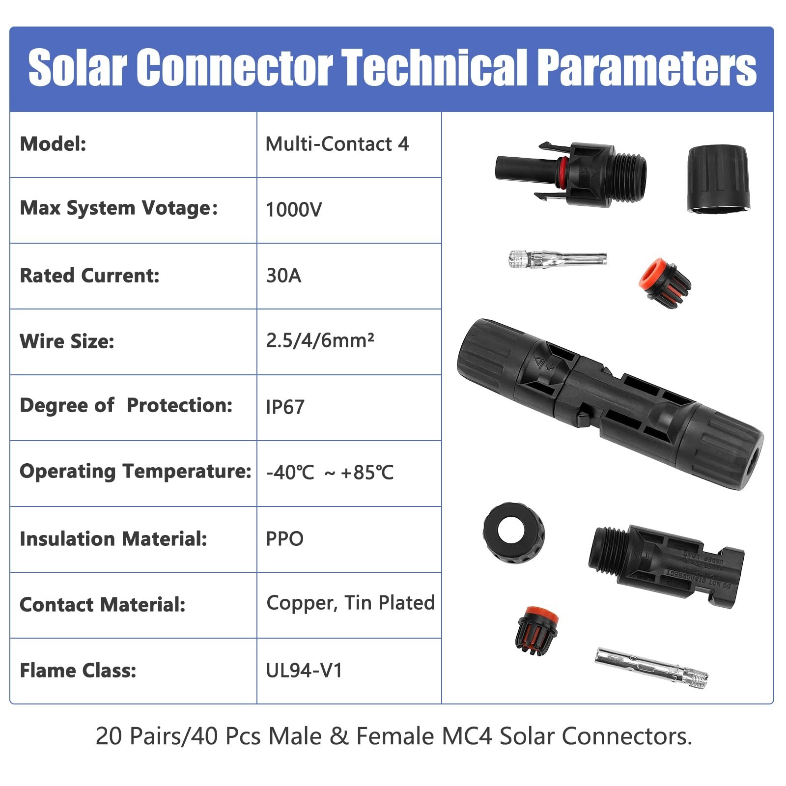 40PCS Solar Panel Connectors, Waterproof Male/Female 1000V 30A, 2 Pack Wrench