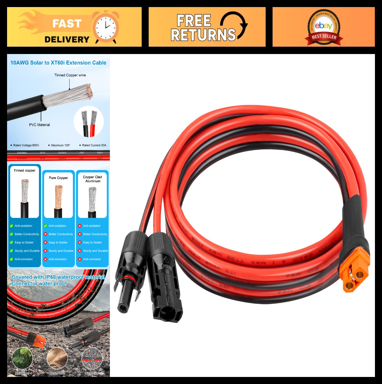 10AWG 6FT Heavy Duty Solar XT60i Extension Cable for Power Station, RV, Battery
