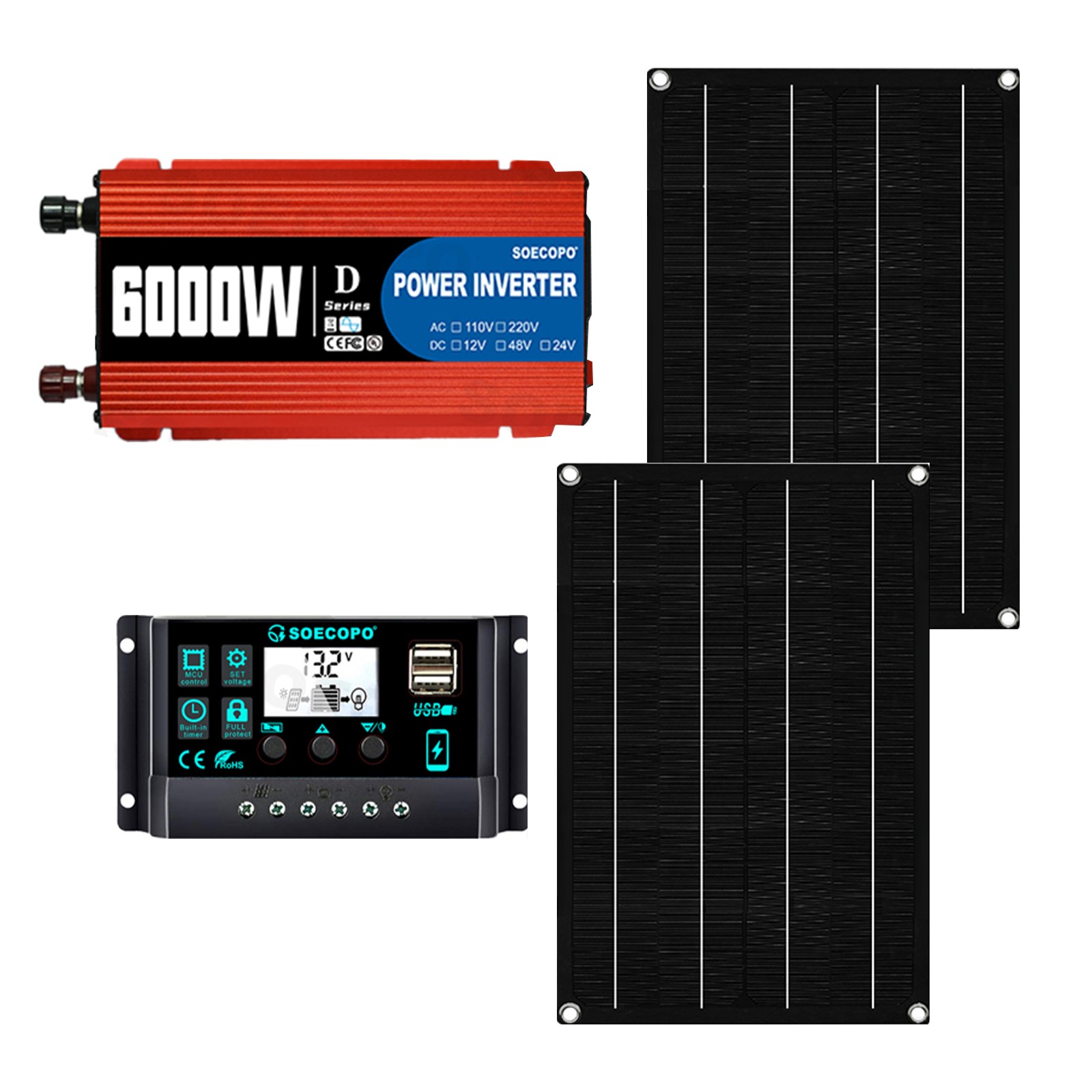 6000W DC to AC Solar Inverter Kit | Includes 2pc Solar Panels &Charge Controller