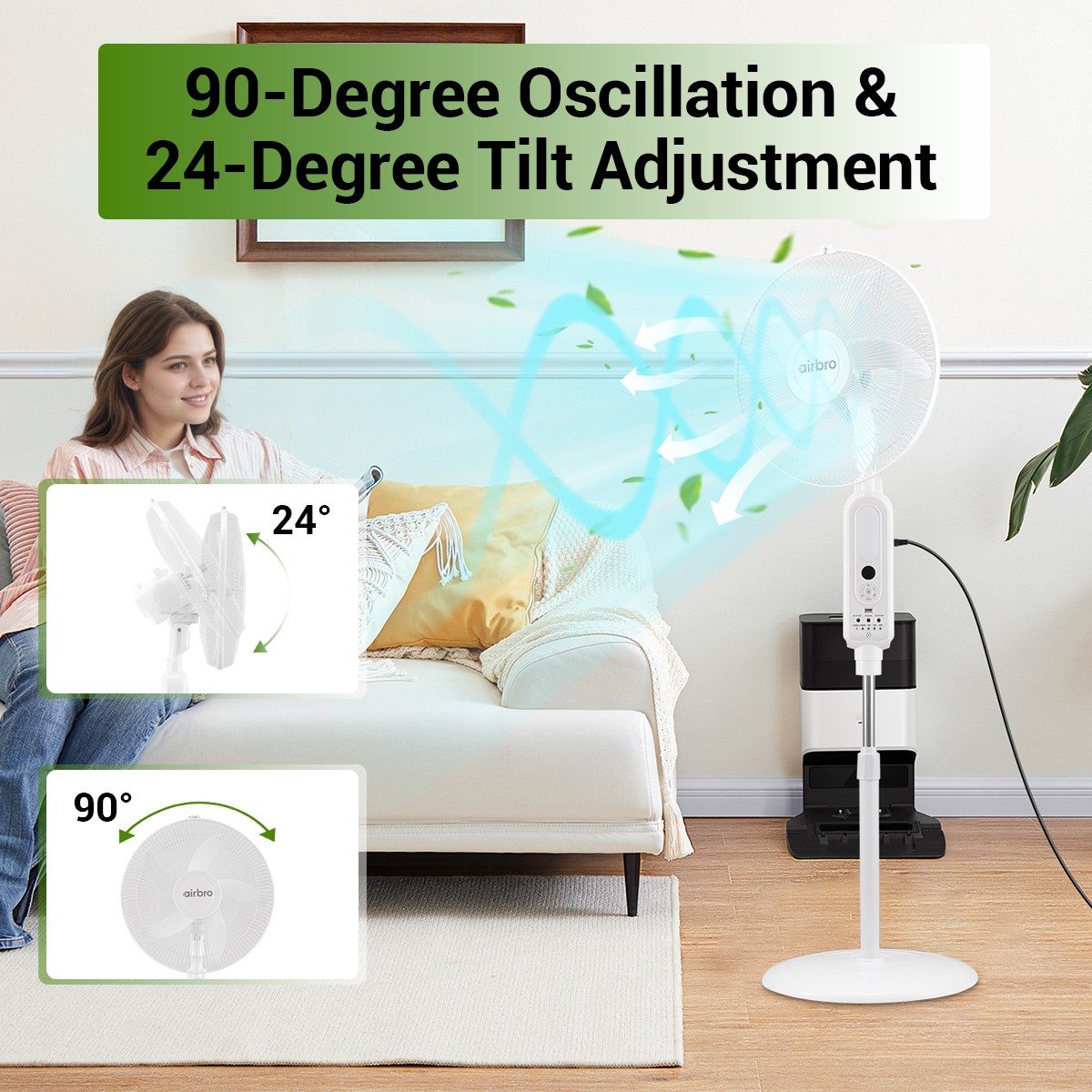16″ Rechargeable Floor Standing Fan +2PCS LED Bulbs w/ Remote, AC & Solar Charge