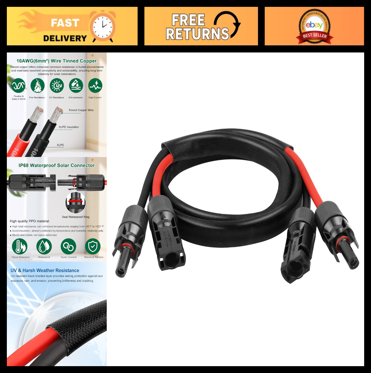 10AWG Solar Panel Extension Cord 3FT – Waterproof PV Wire with Flame Retardant S