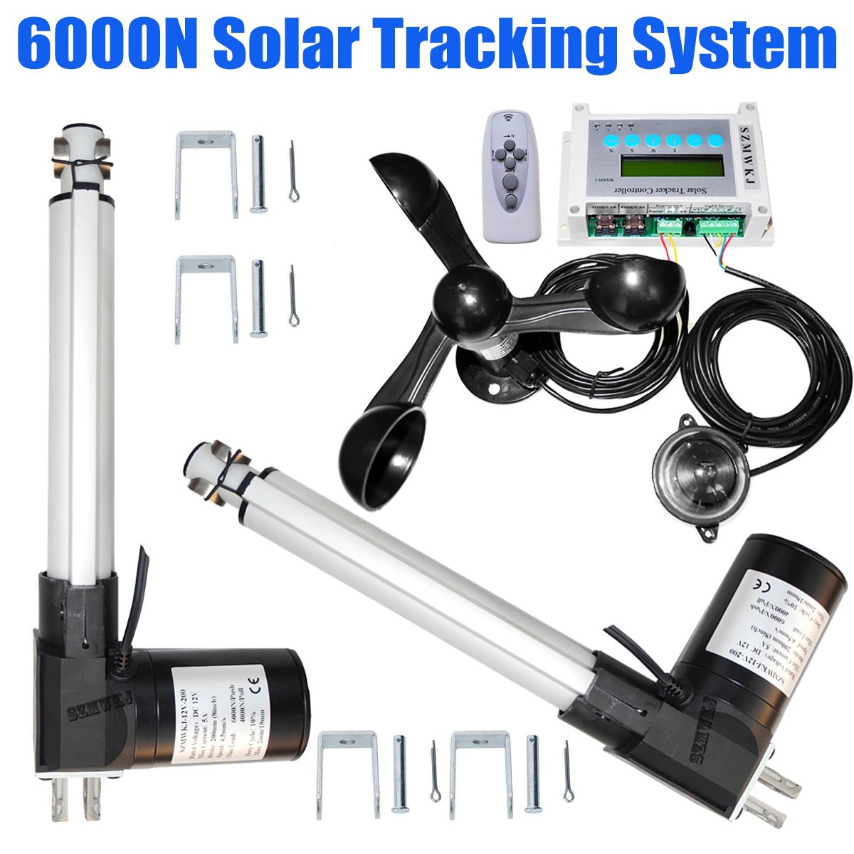 Complete 6000N Dual Axis Solar Tracker System -8″ 12V Linear Actuator Anemometer