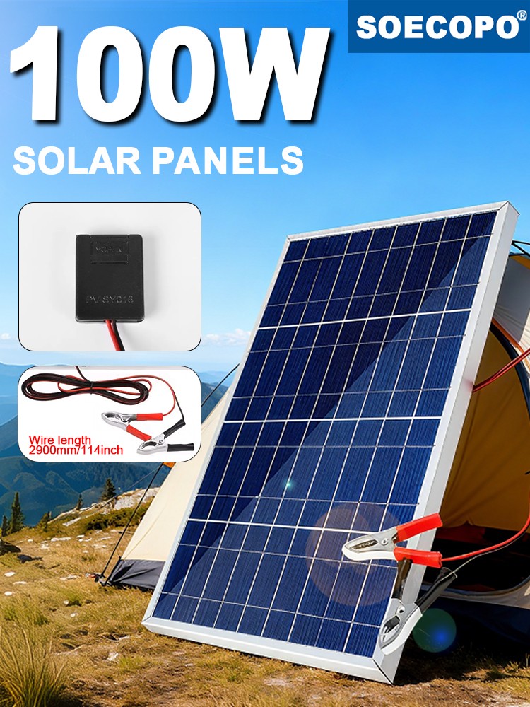 100W 18V Portable Solar Panel 12V Car RV Boat Battery Charger Clips