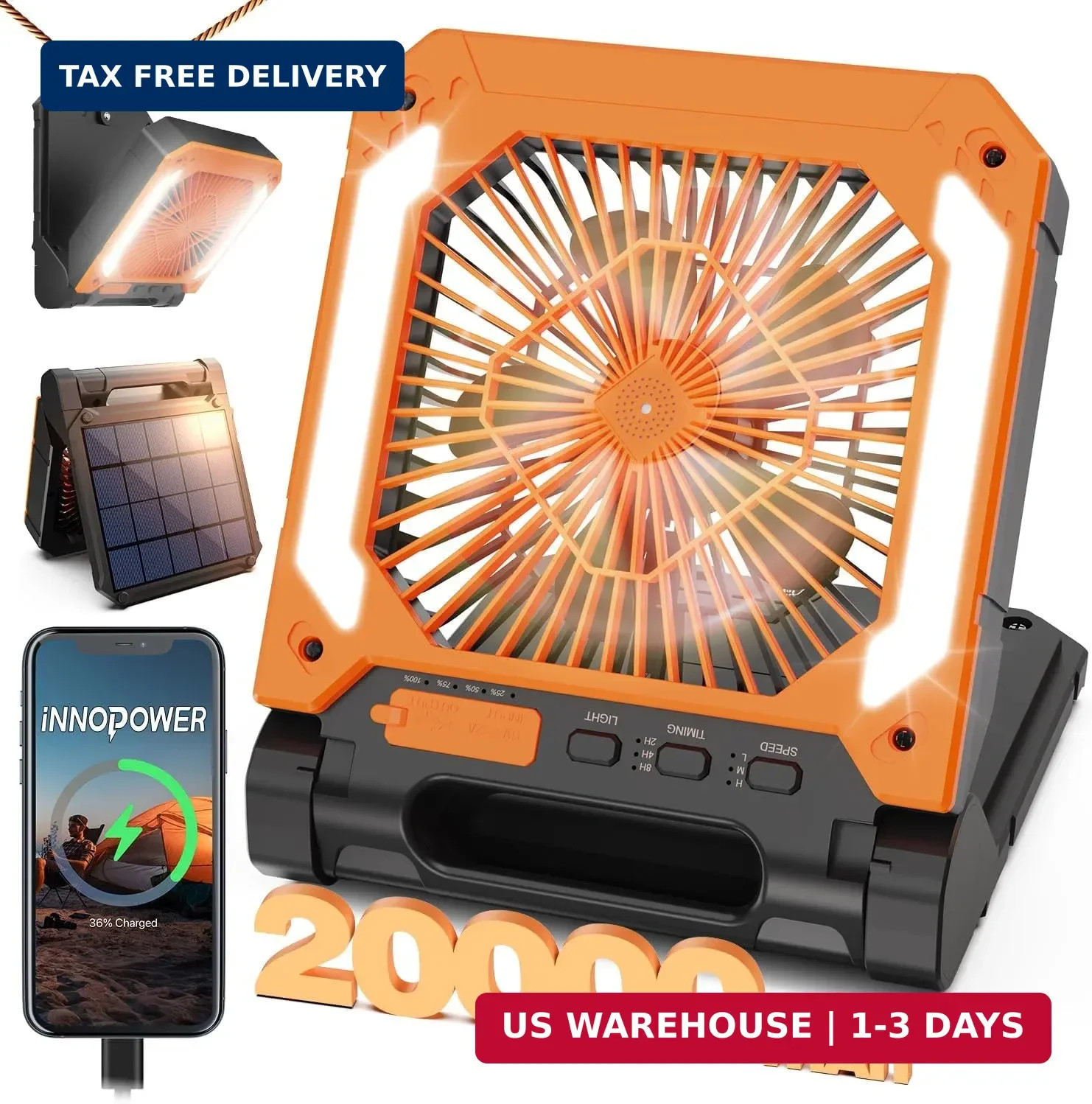 20000mAh Portable Fan Rechargeable with Solar Panel 2-in-1, 3 Speeds Cordless Ba