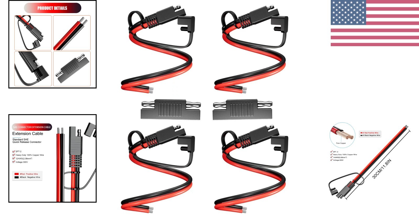 4 Pack SAE Extension Cable, 14Awg 30Cm Automotive Dc Power Extension for Sola…