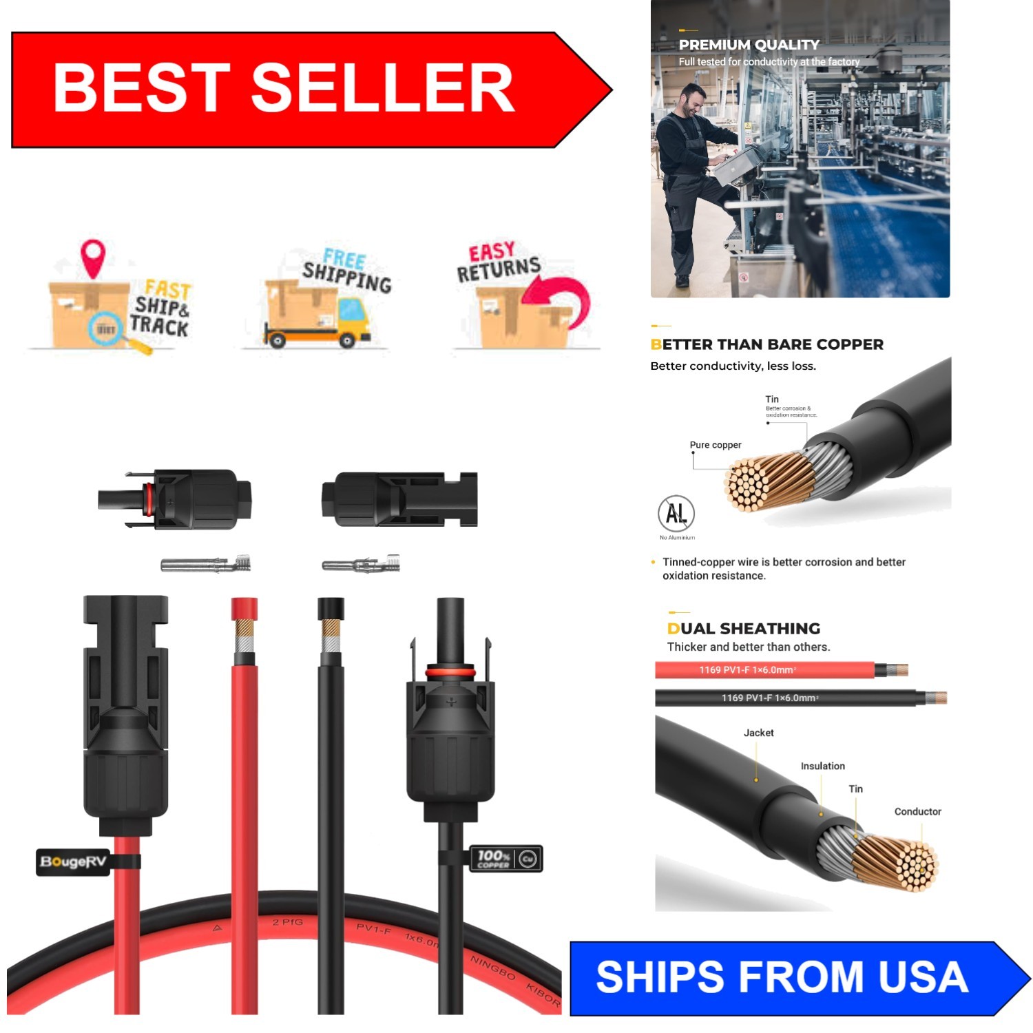Efficient 10FT 10AWG Solar Extension Cable Kit with Extra Connectors Included