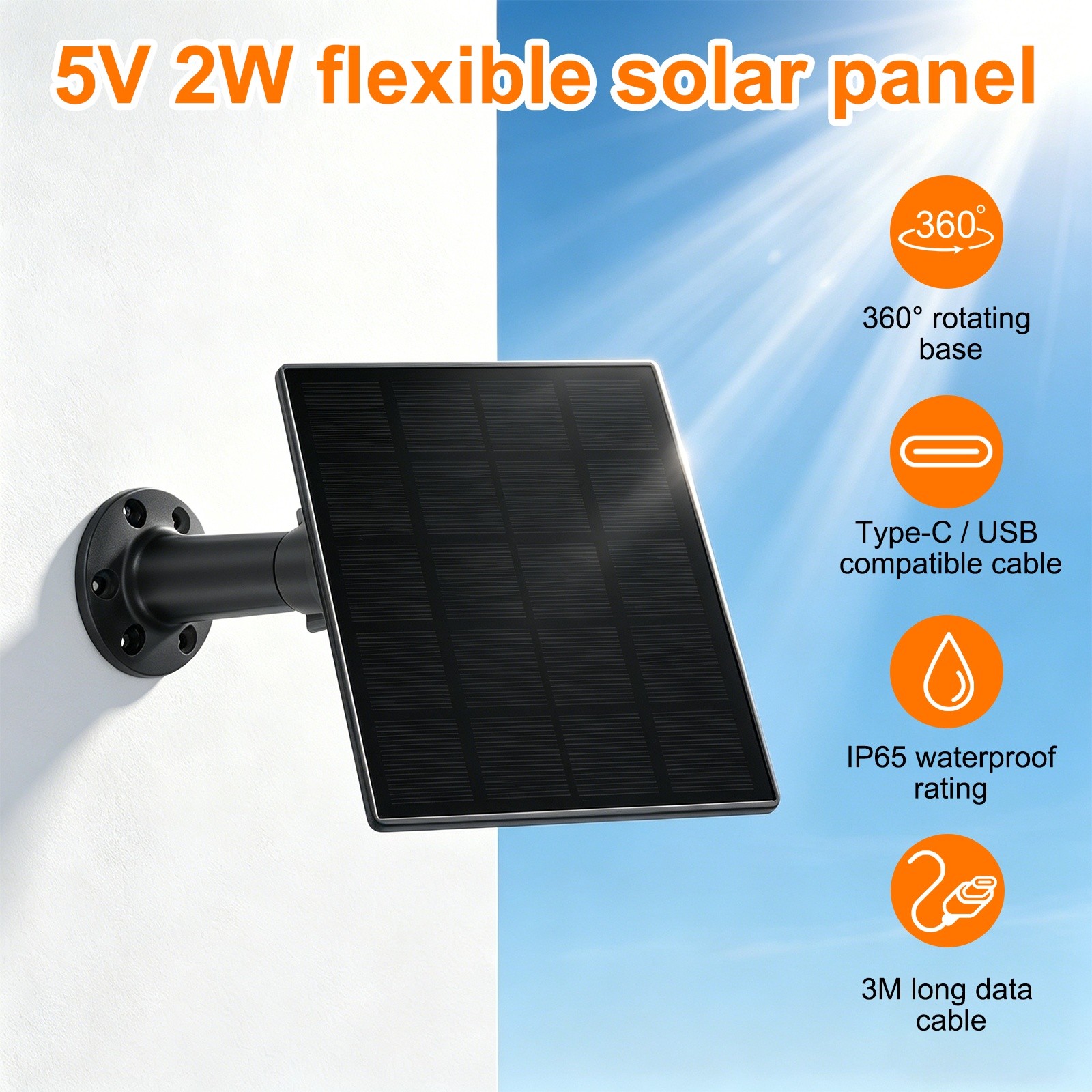 1 Pack of 5V 2W Solar Panel, Waterproof Dual Type-C/USB Solar Charger, Black