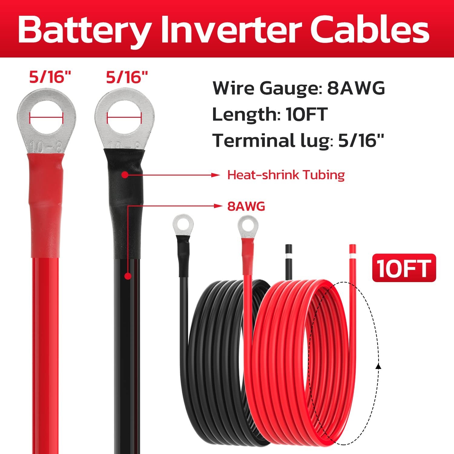 8 AWG Battery Cables – 10FT Tinned Copper Solar Panel Wire with 5/16” Lugs for