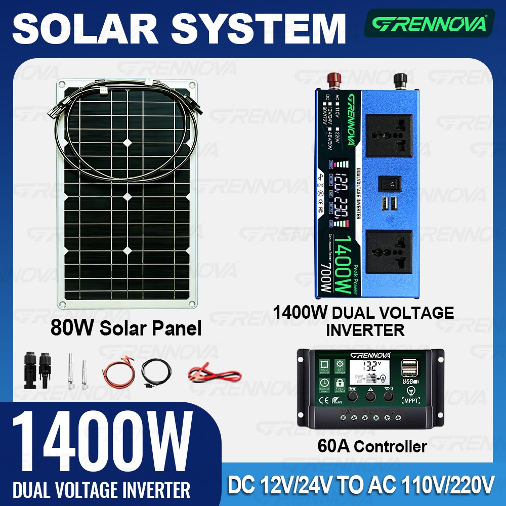 Grennova 1400W Solar Kit 80W Mono 60A MPPT 12/24V 110/220V Inverter RV Home