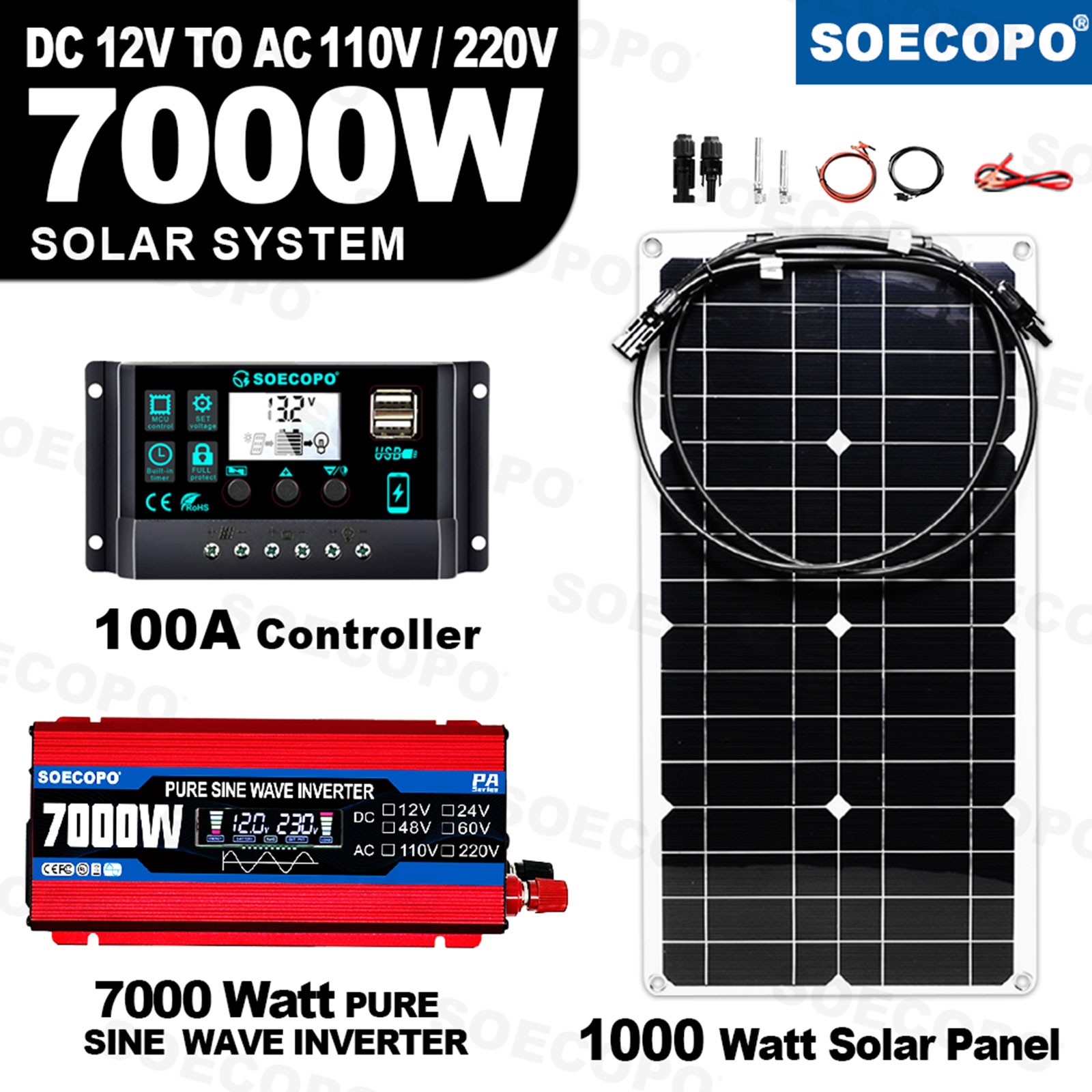 Pure Sine Wave Inverter 7000W Solar System Kit 100A Controller DC12V AC110 220V