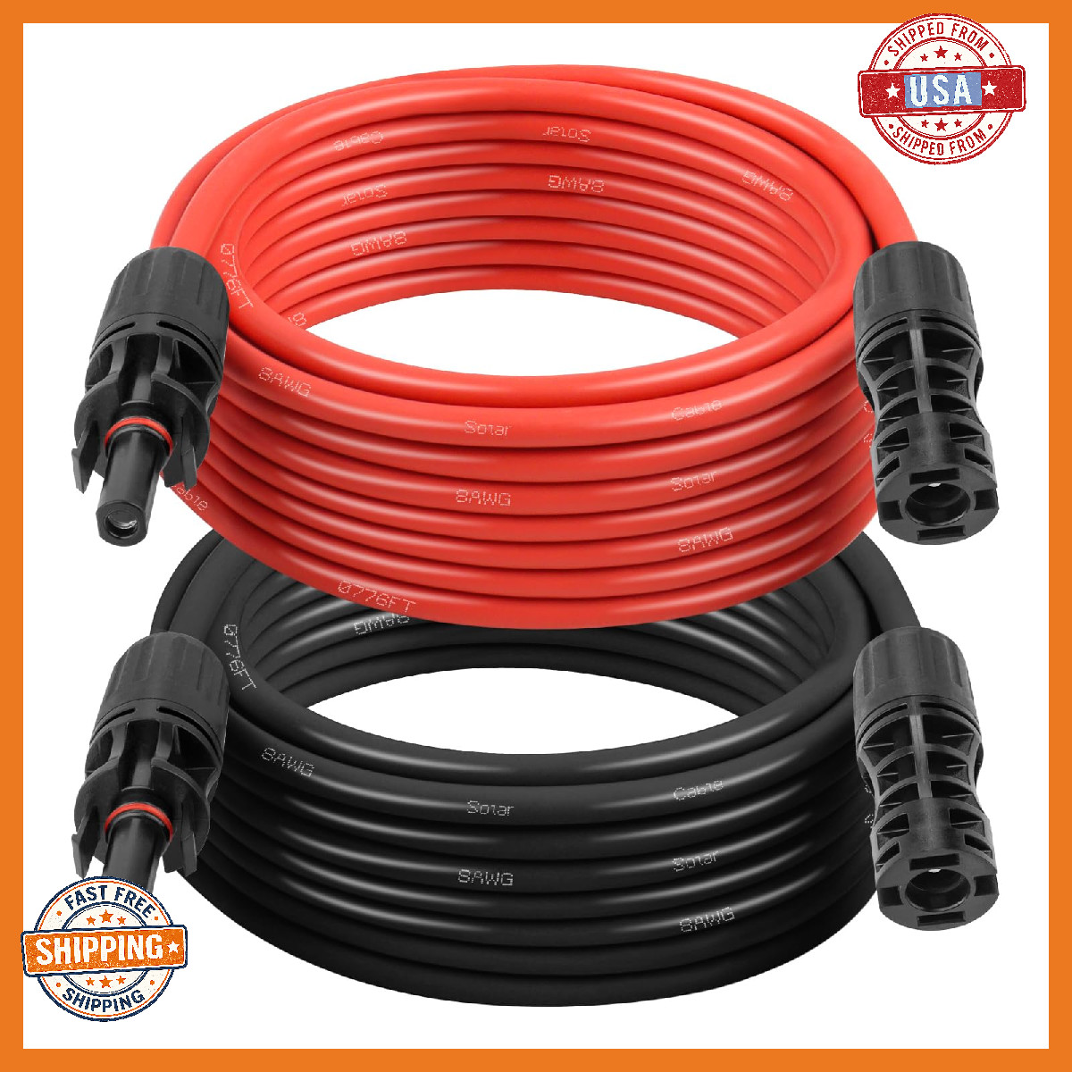Solar Extension Cable 8AWG 20FT 2-Pack (Red + Black), PV Wire with Male/Female S