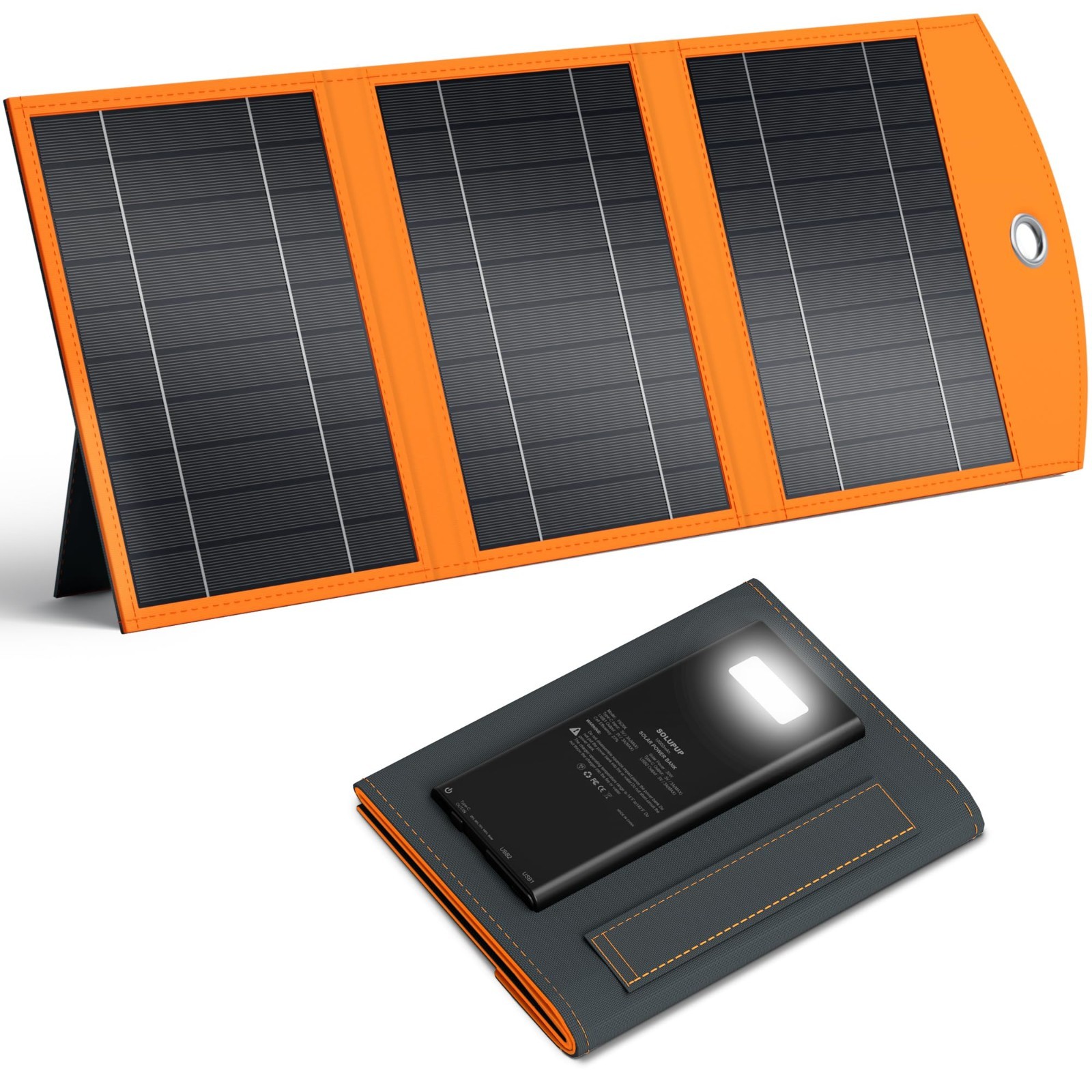 10,000mAh Solar Power Bank, 30W Foldable Solar Panel, Fast Charge, IPX5 Waterpro