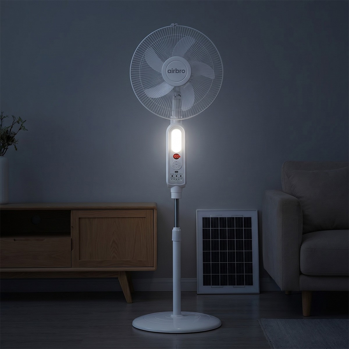 16″ Rechargeable Floor Standing Fan + 2PCS LED Bulbs w/ Remote AC & Solar Charge
