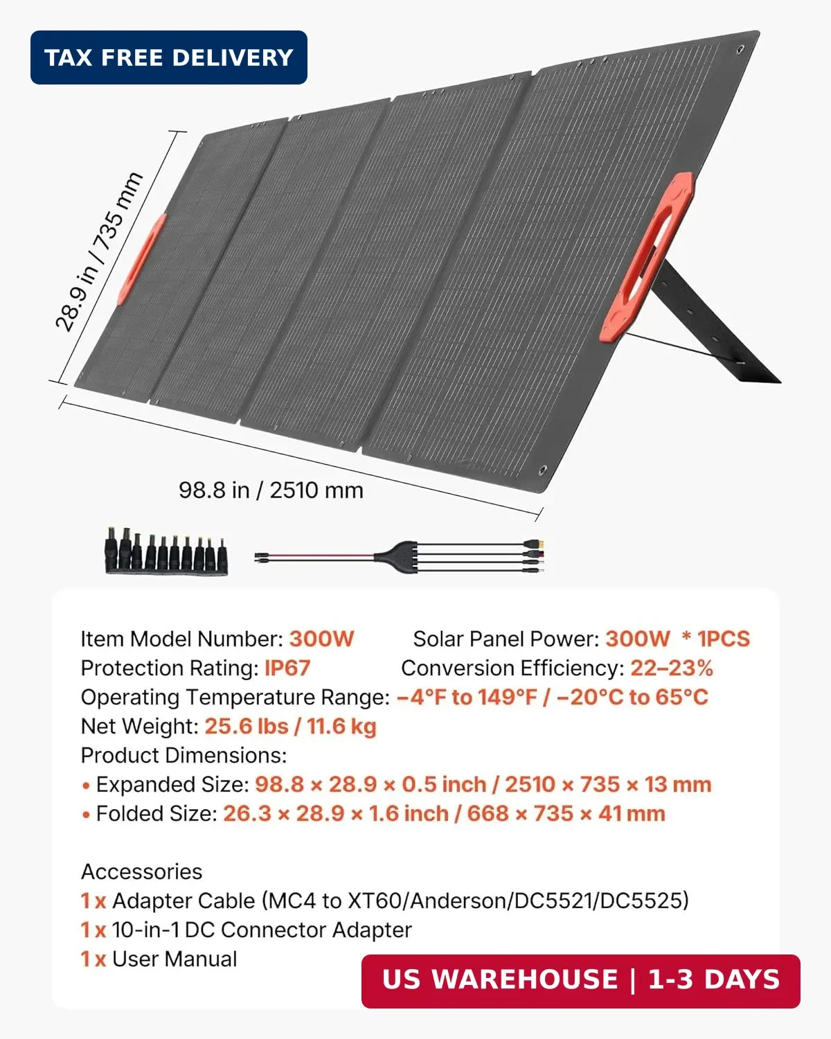 VEVOR 300W Foldable Monocrystalline Solar Panel, 23% High-Efficiency Portable Mo