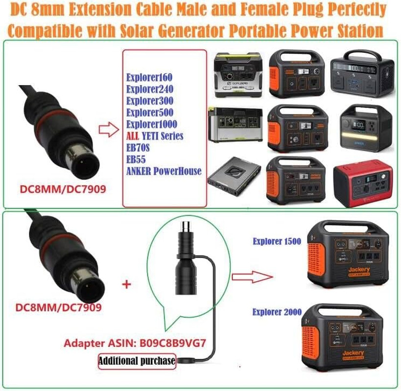 DC 8mm ExtensionCable 10Ft DC Power Plug for Solar Generator Portable Power S…