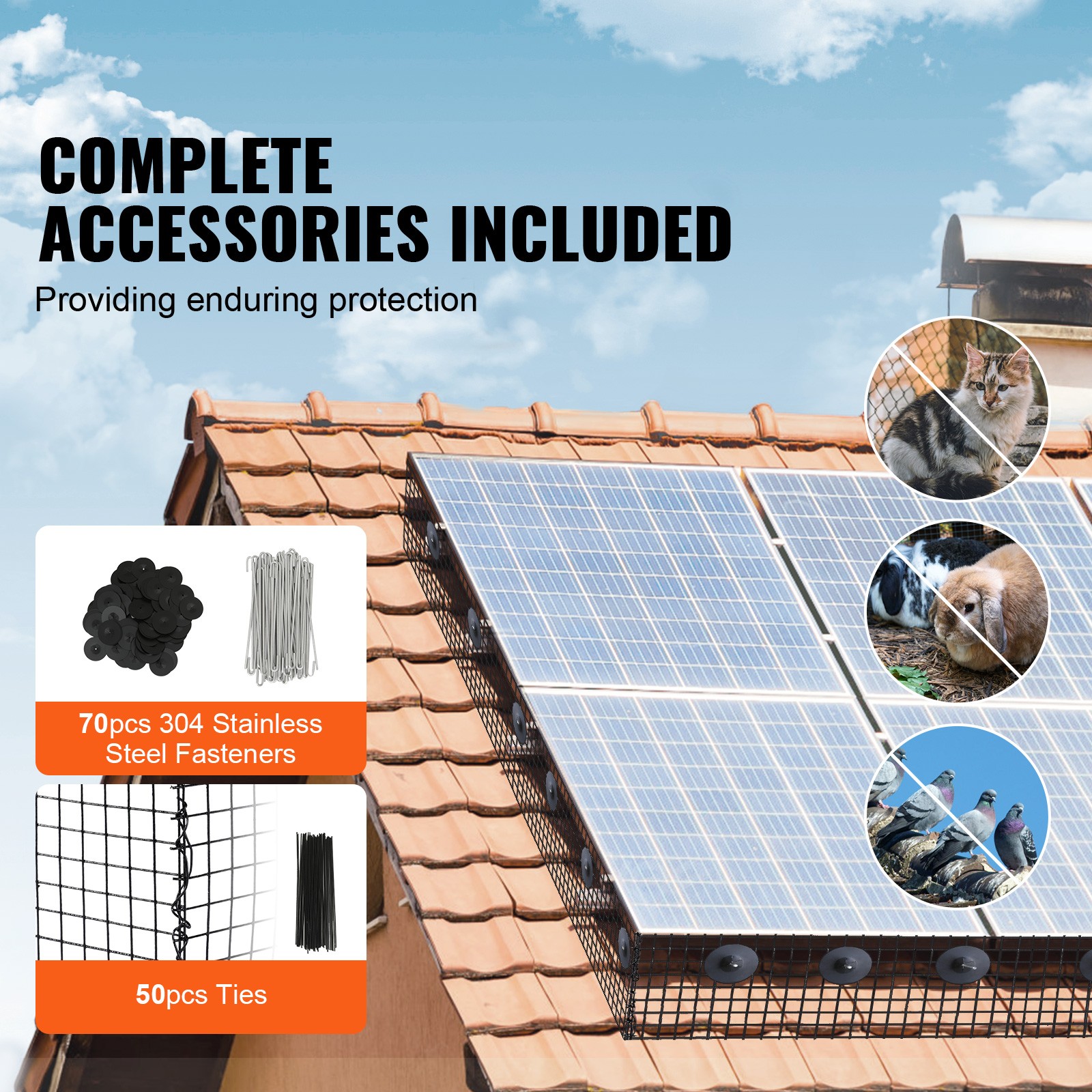 VEVOR 8in x 100ft Solar Panel Bird Guard Mesh Critter Roll Kit 70pcs Fasteners