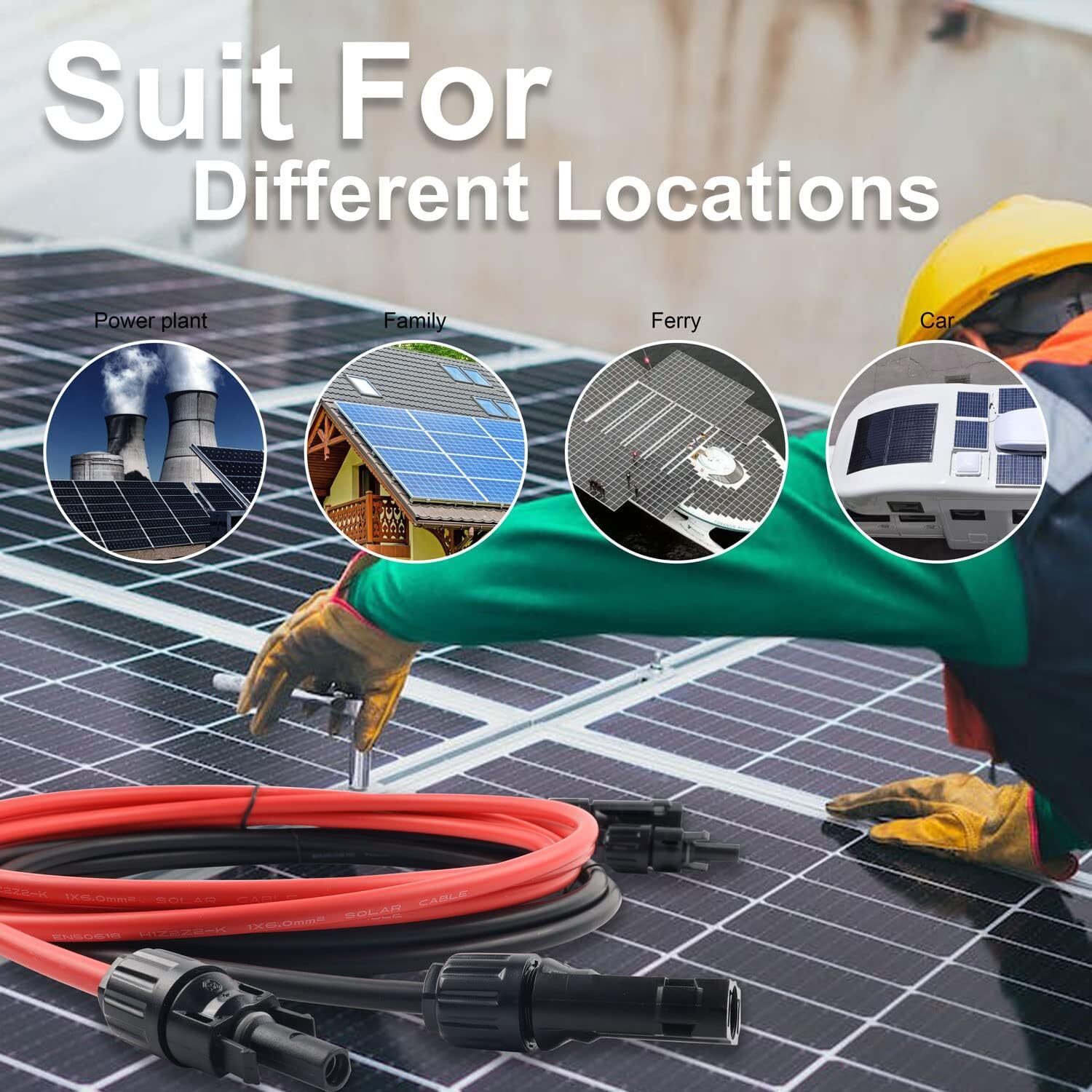 10AWG Black+Red Solar Panel Extension Cable 3.3FT-50FT Female & Male Connectors