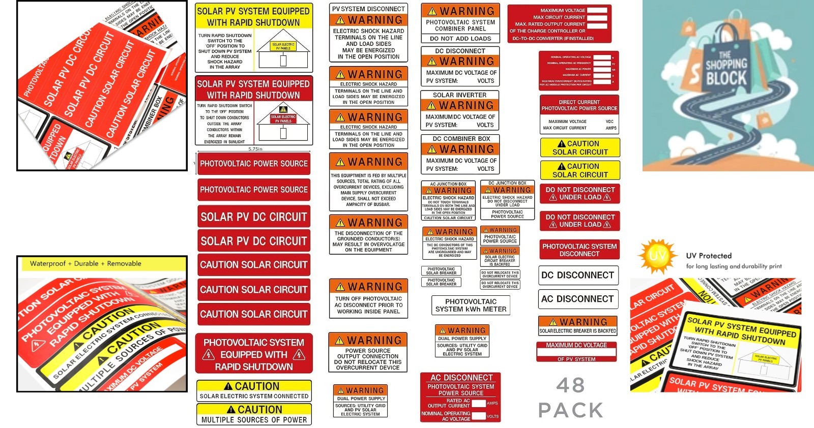 48-Pack Solar Energy Safety Stickers for PV Systems, Waterproof, Durable