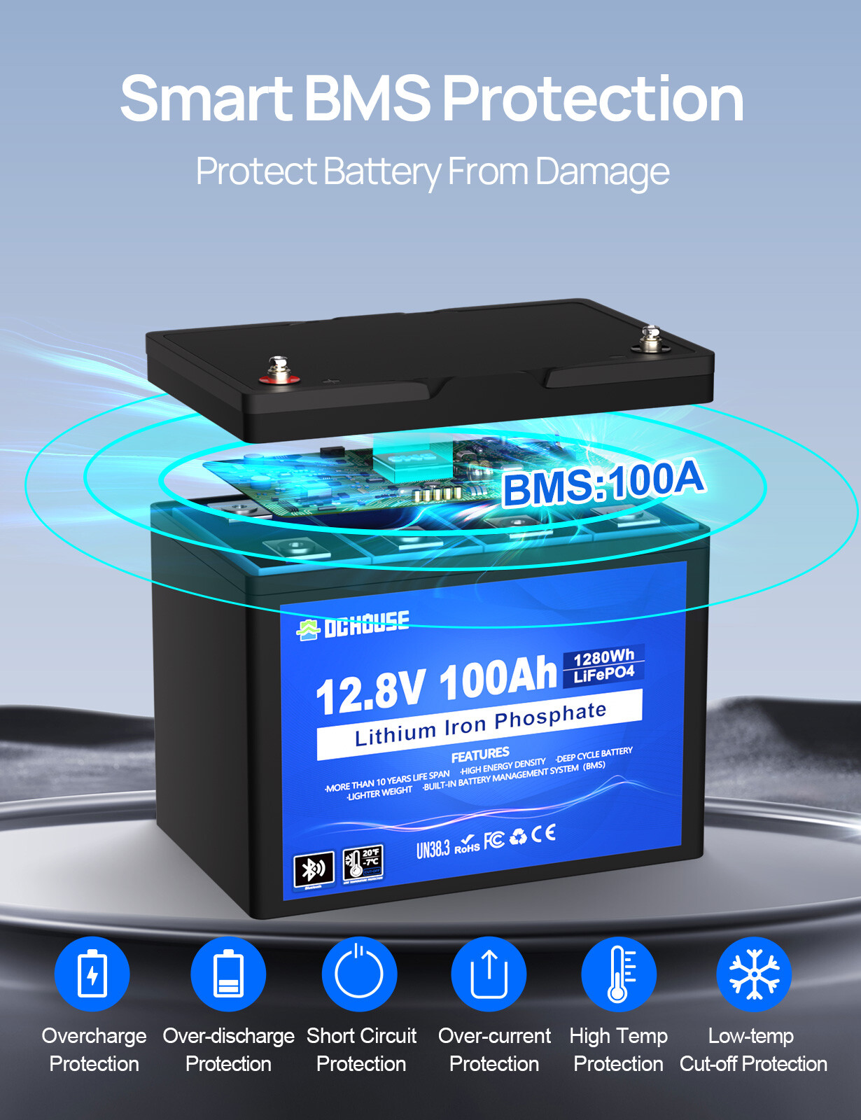 12V 100Ah LiFePO4 Lithium Battery Bluetooth monitoring For Solar Marine RV