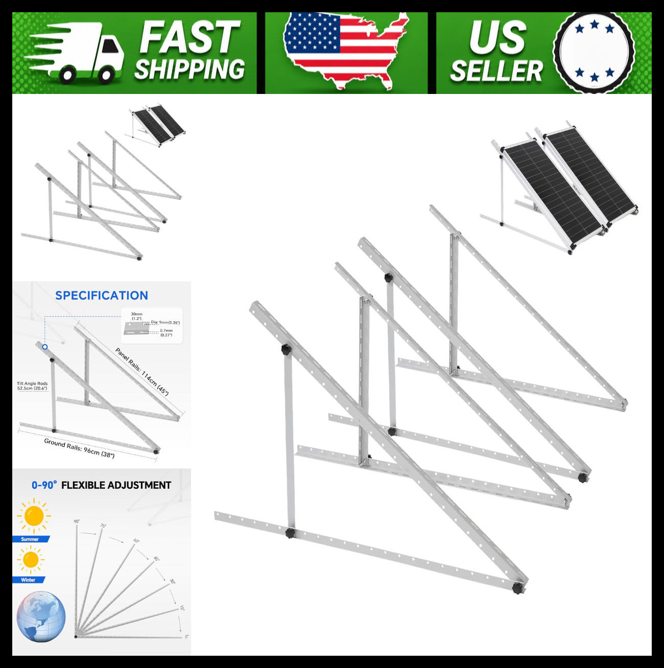 2 Solar Panel Mounting Brackets Kit Adjustable Tilt for Roof RV Boat Ground