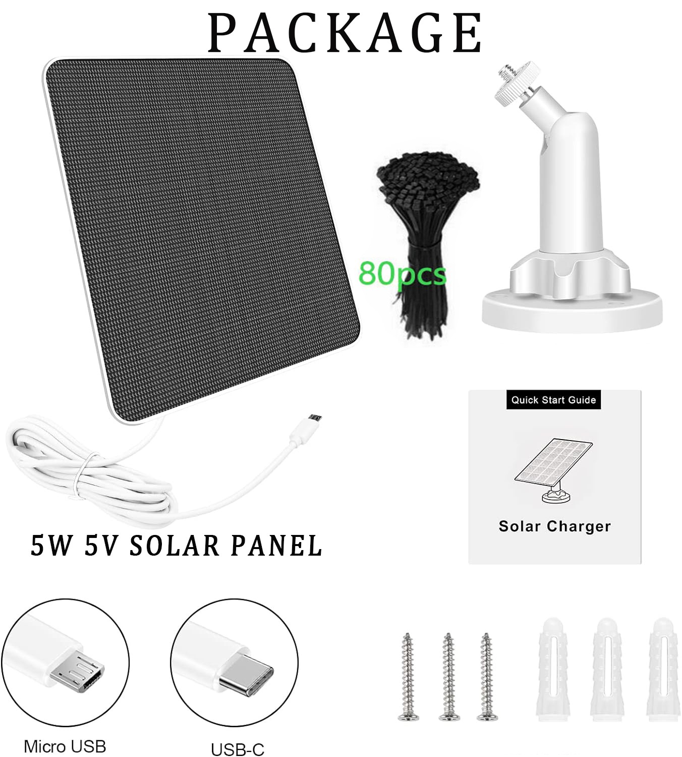 5W Solar Panel Charger for Ring Video Doorbell 4/3/2 Solar Charger w/Power Cable