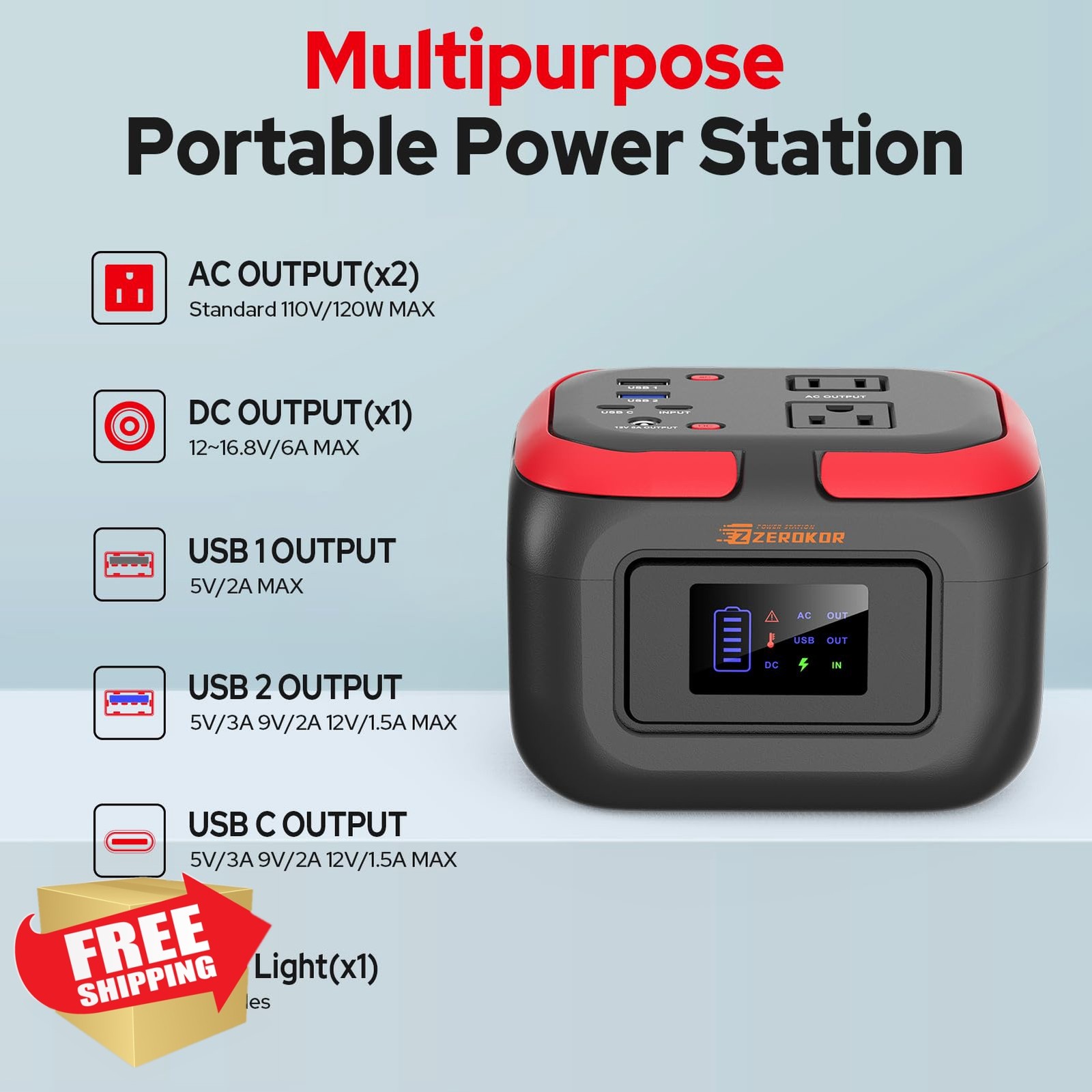 ZeroKor Portable Power Station 120W Grey Red