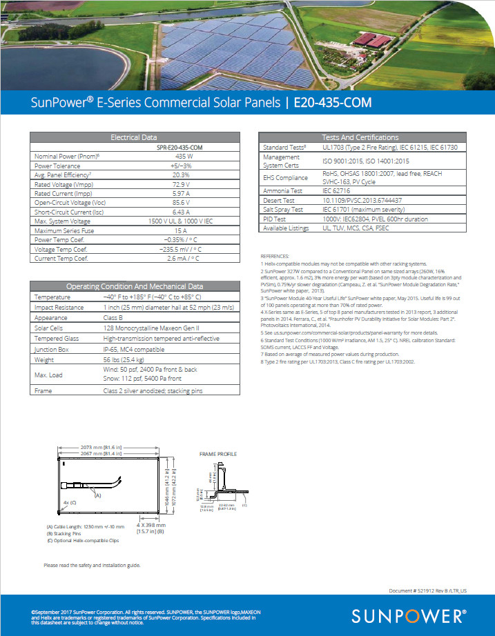435 watt Sunpower Panel / E-Series Commercial Solar Panels / SPR-E20-435-COM