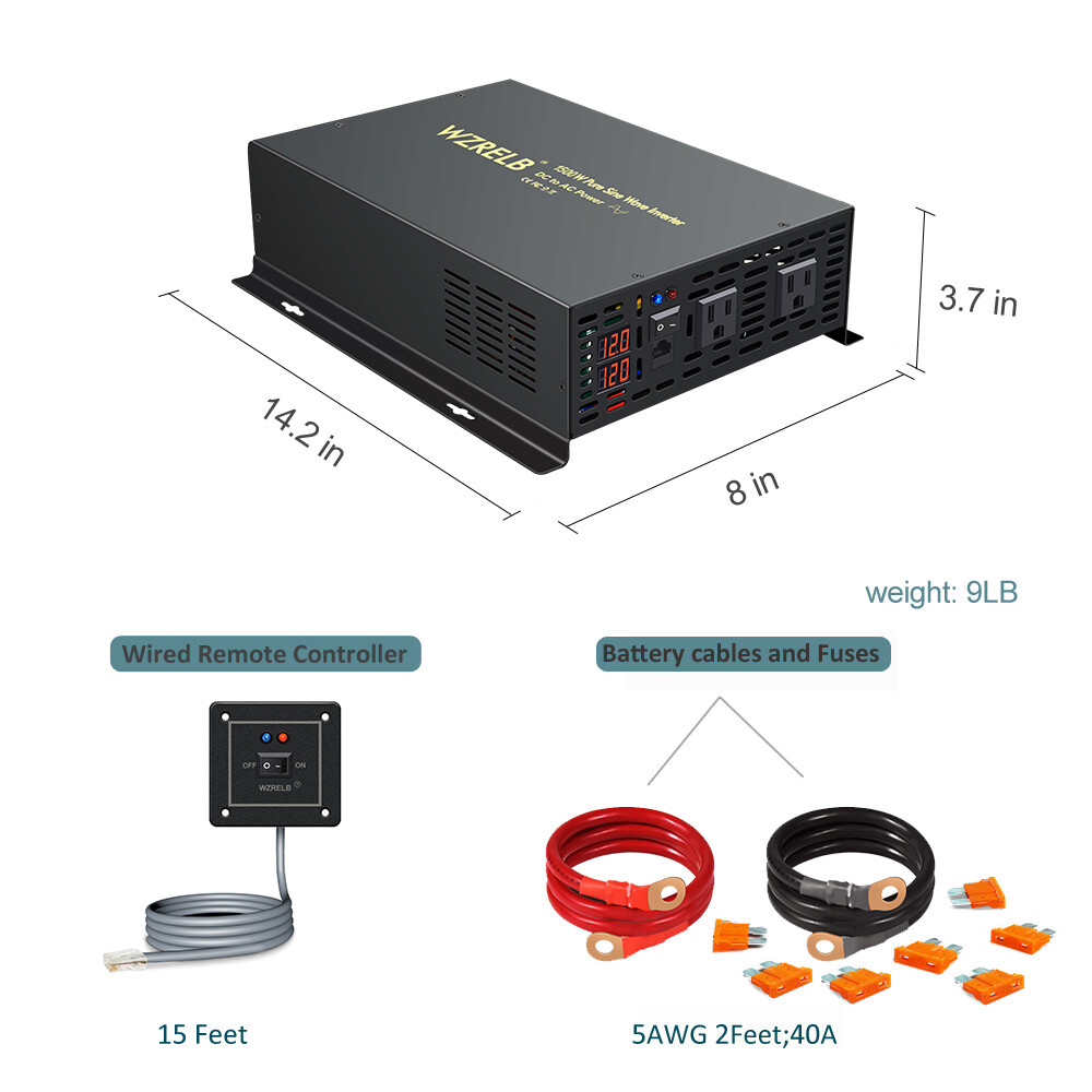 Pure Sine Wave Inverter Power Converter 1500W 12V DC to AC 120V Car Solar Remote