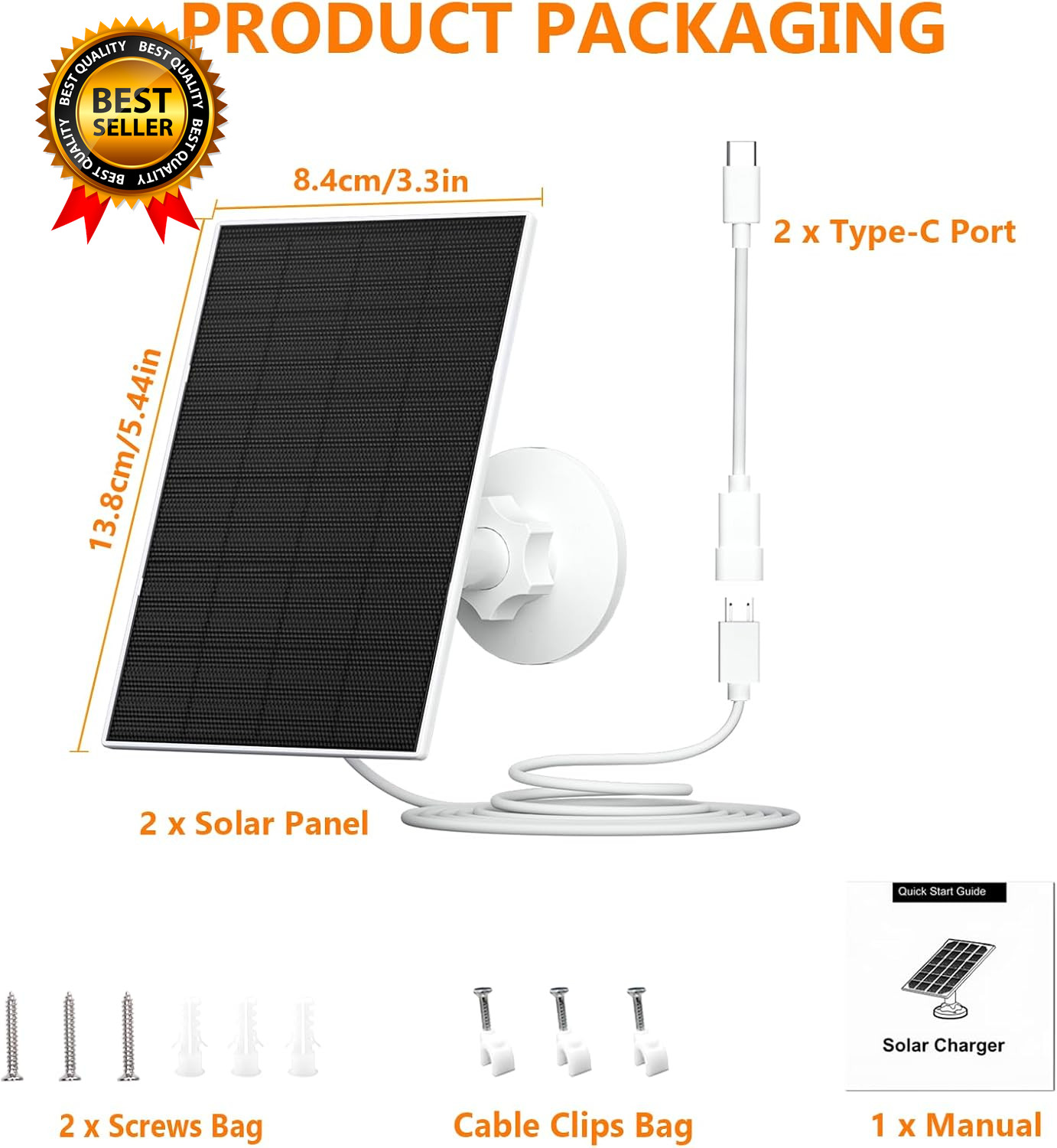 2W Solar Panel for Security Cameras, Solar Charger with Micro