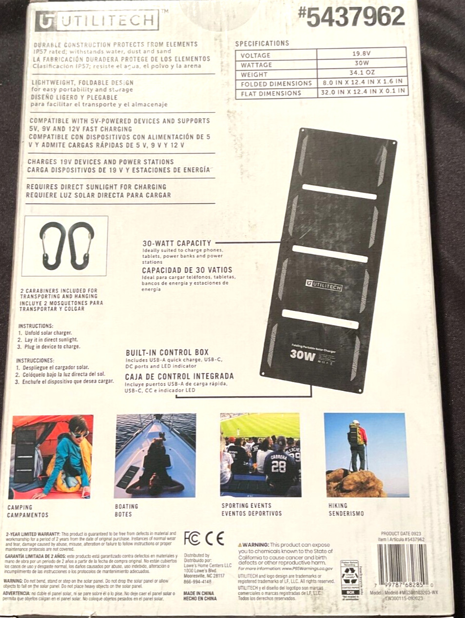 Utilitech 30 Watt Folding Solar Panel – 19.8 Volts – #5437962