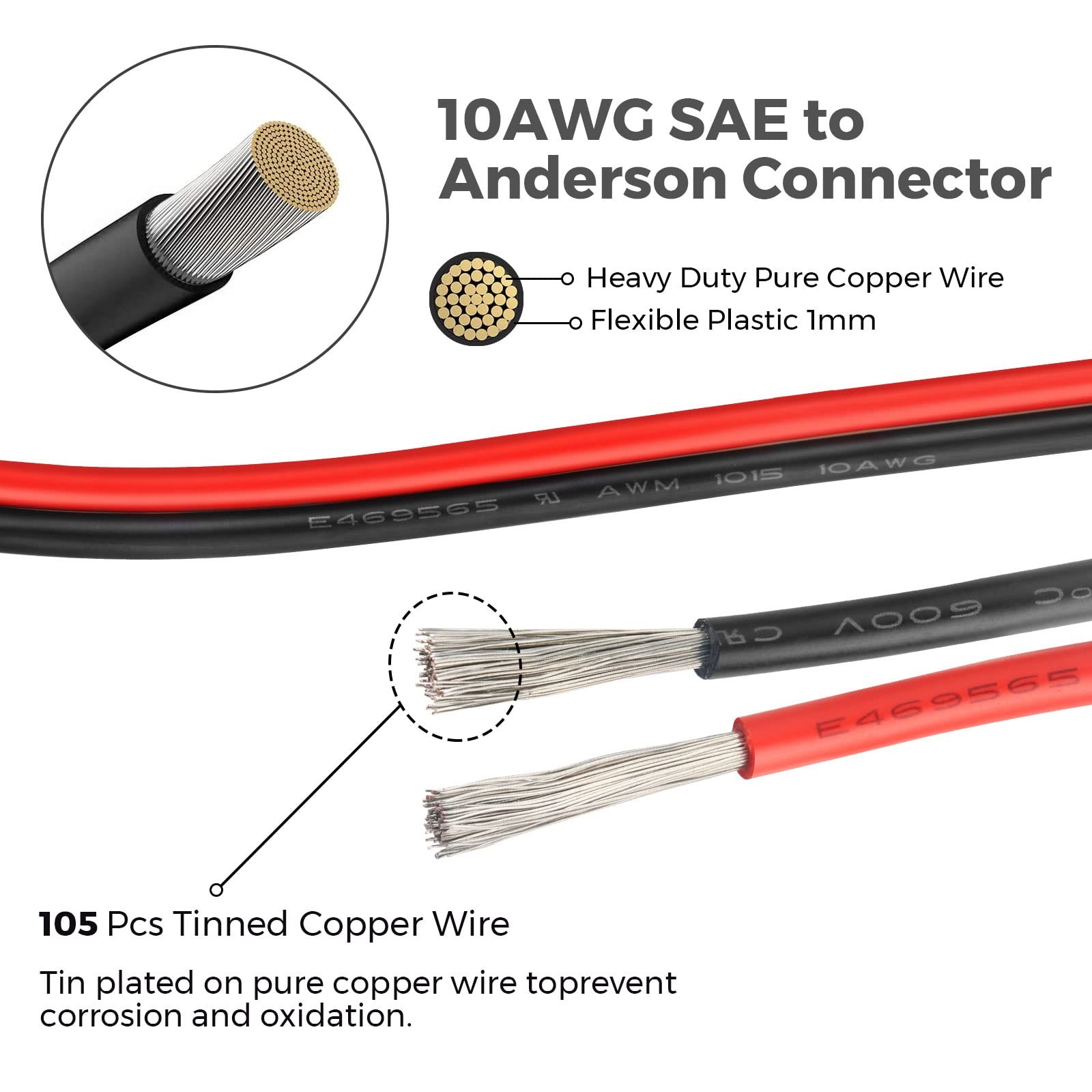 Solar SAE Extension Cable 10AWG Anderson Jackery Renogy 2 Ft Cord