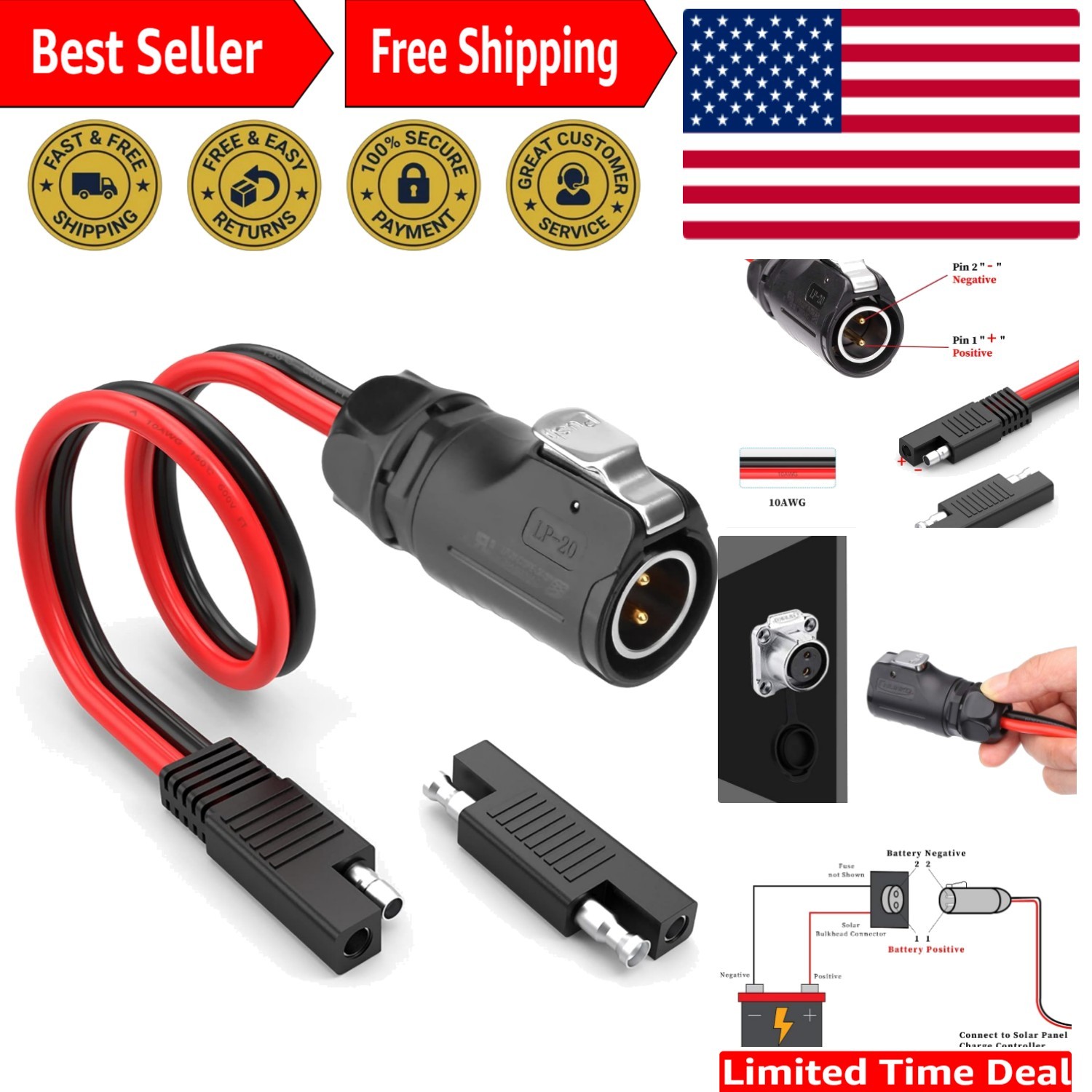 Reliable 10AWG SAE to 2 Pin Industrial Connector – Ideal for Solar and RV Use