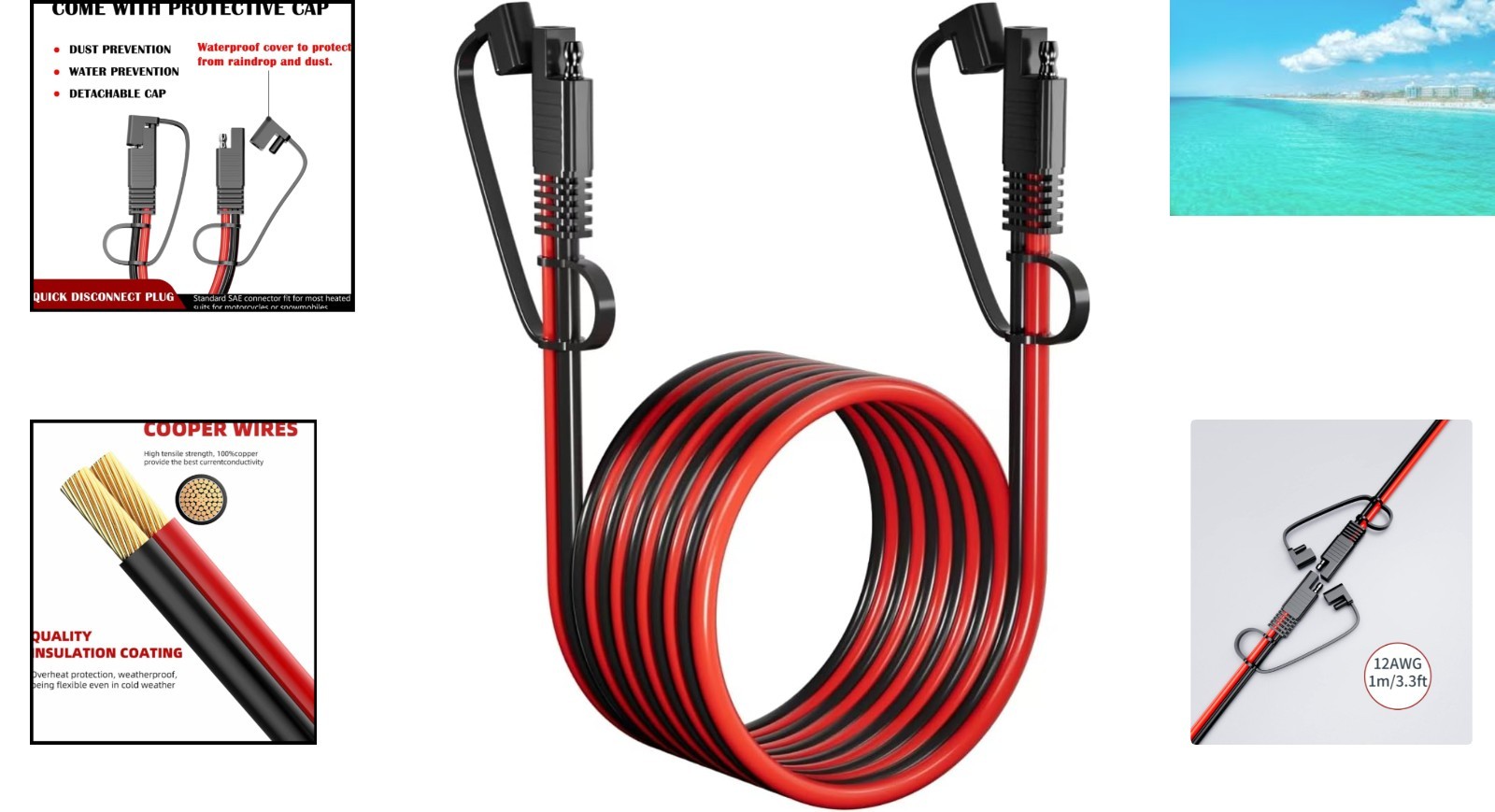 10FT SAE to SAE Extension Cable – Durable 12AWG for Solar & Automotive