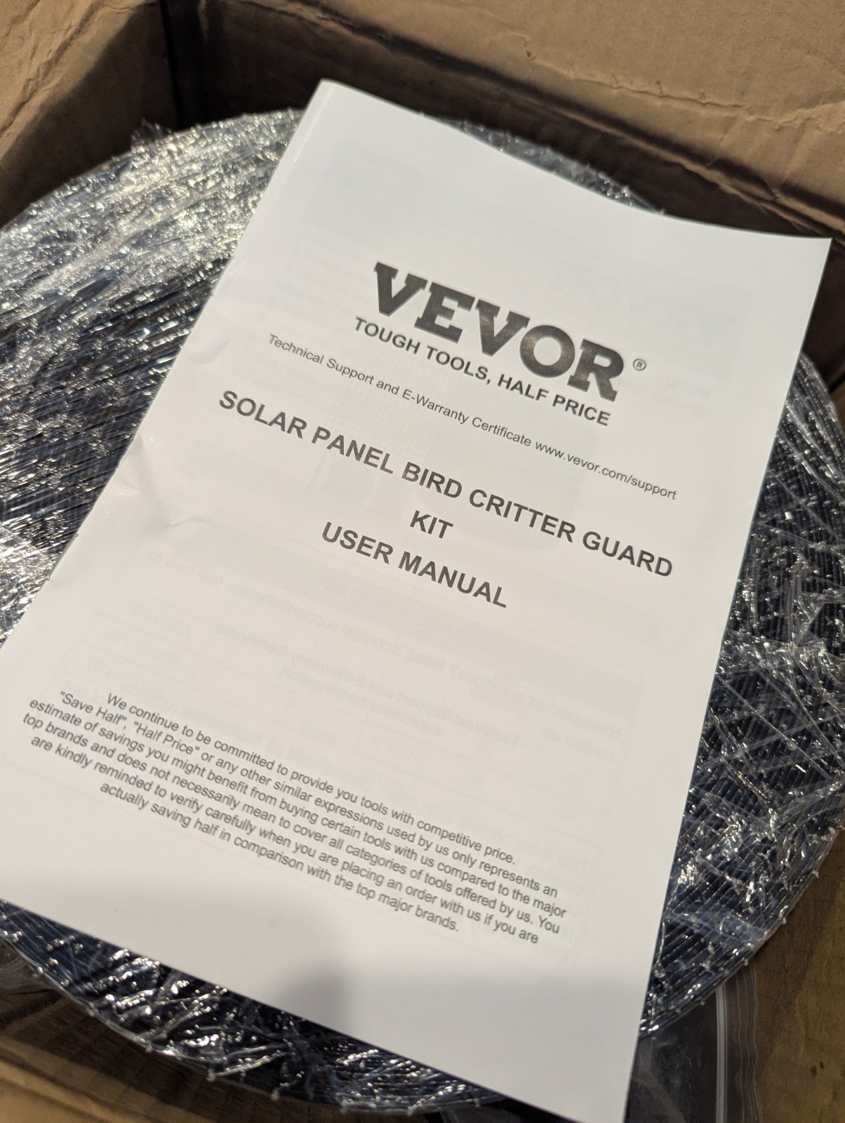 VEVOR Solar Panel Bird/Critter Guard 8inch x 98ft PVC Coated Mesh Roll Kit with.