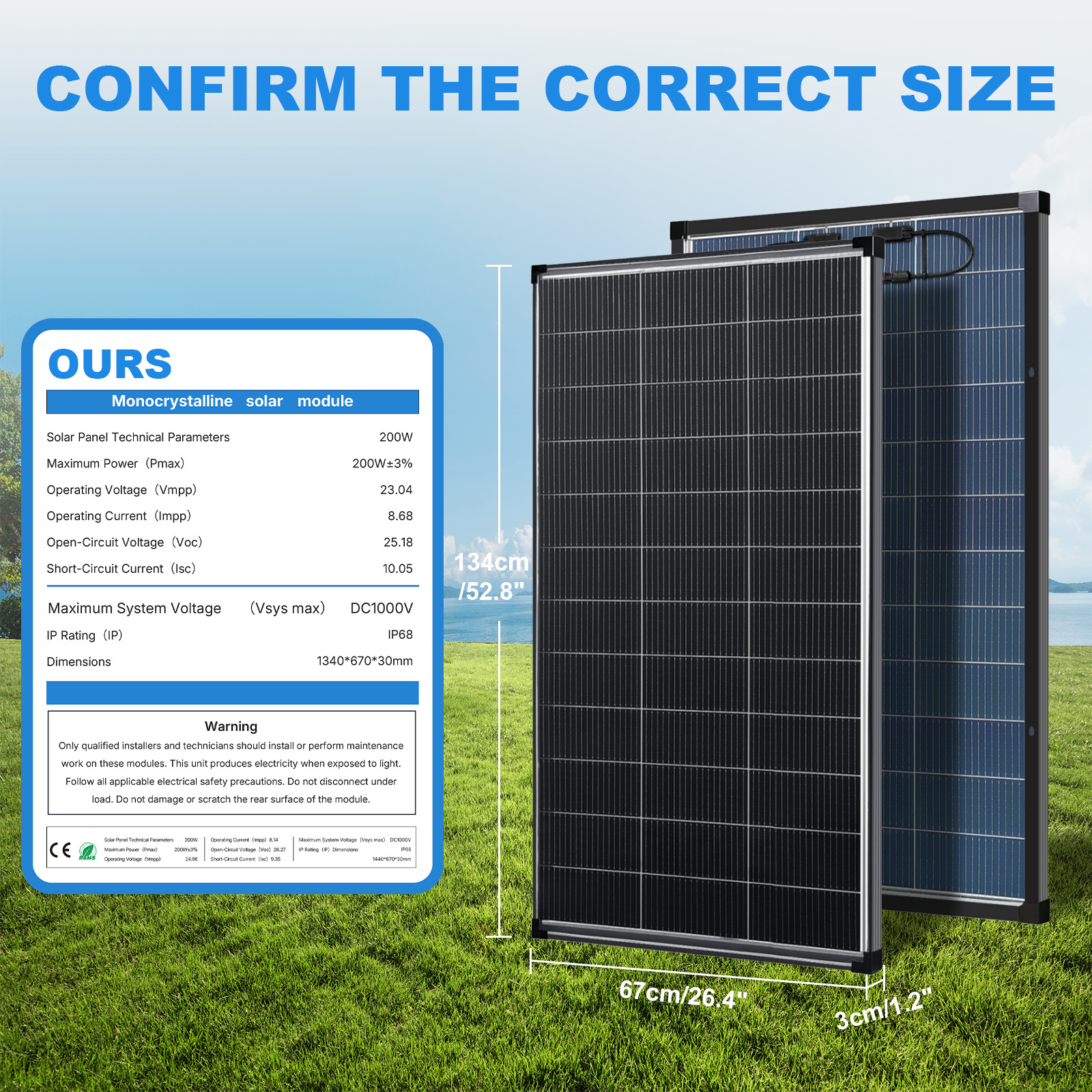 Bifacial 200W Watt Solar Panel N-Type Mono 18V 18BB Home RV Camping PV Off Grid