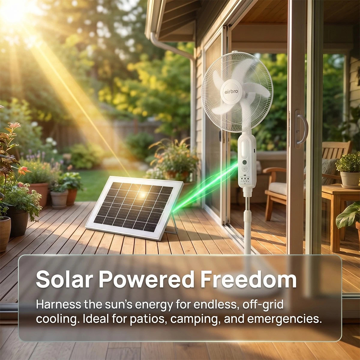 16″ Rechargeable Standing Floor Fan AC Solar Charging Fan w/ Remote &2 LED Bulbs