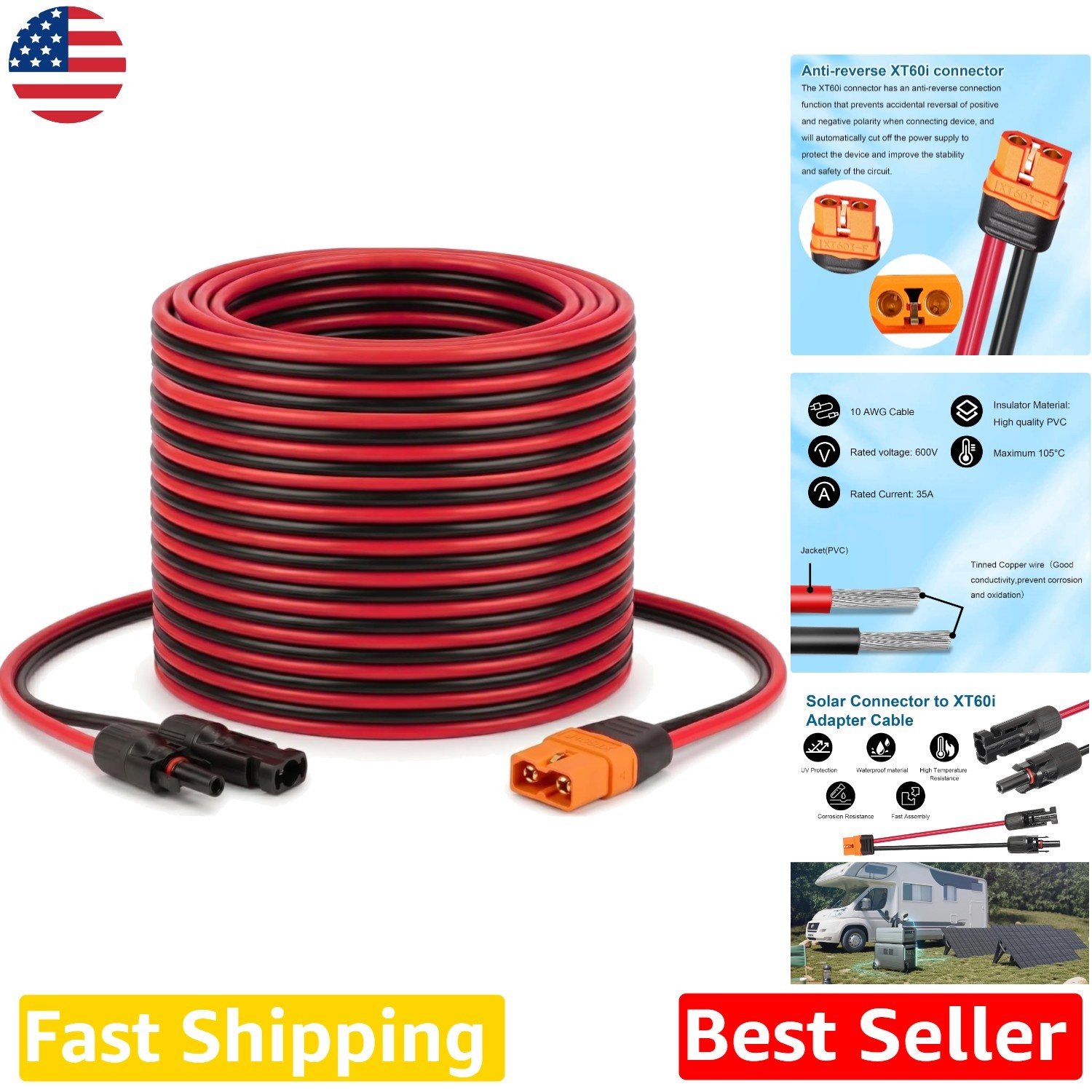 Solar Cable 10AWG 30ft XT60i Extension Heat Resistant for Power Station