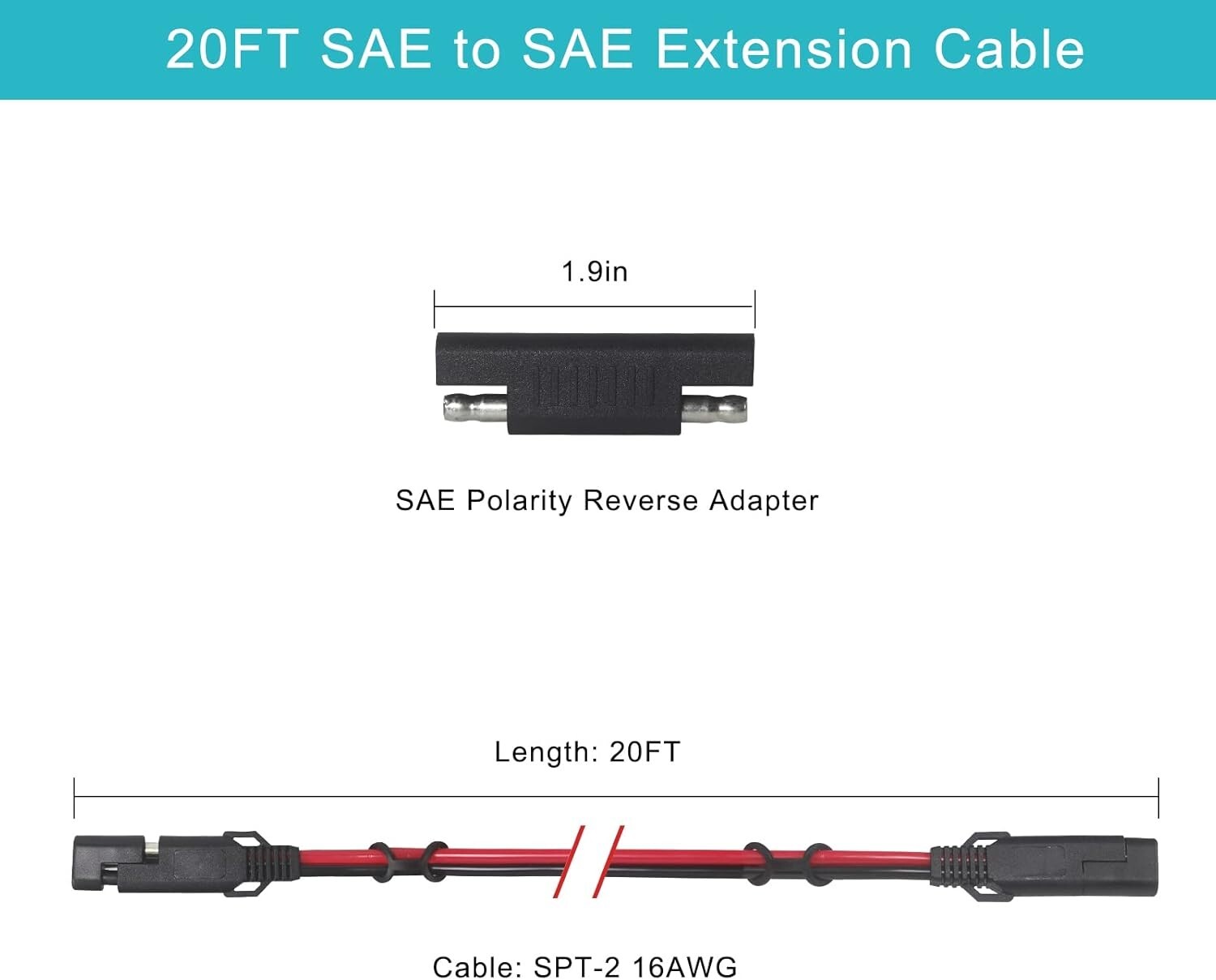 SAE to SAE Extension Cable 16AWG – 20FT SAE Cable Battery Charger Extension C