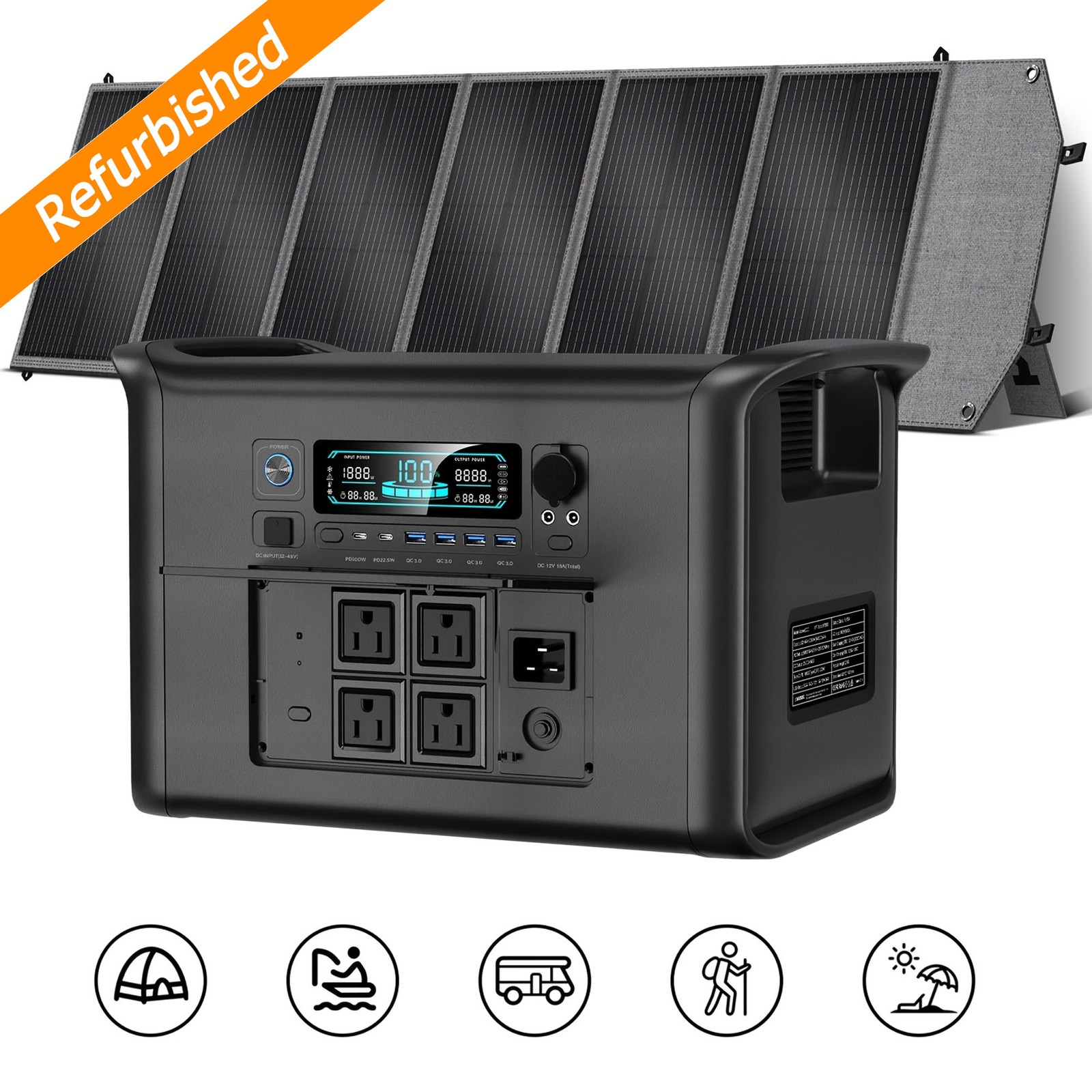 2400W Rate-3200W Peak Portable Power Station 2048Wh Generator 195W/95W Panel