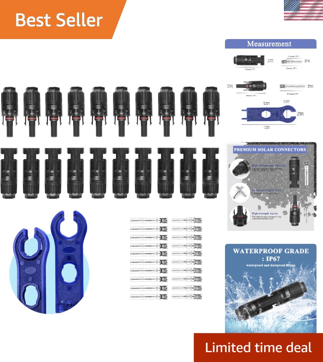 10 Pairs Waterproof Solar Panel Connectors with 2 Spanners for Easy Assembly