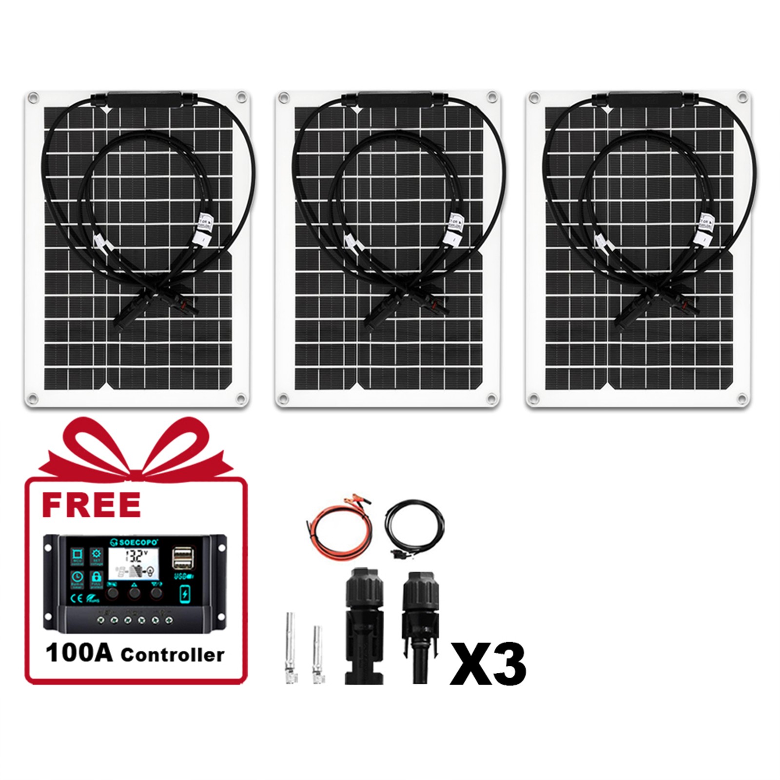1800W Solar Panel Combo – 3 x 600W + 100A Controller + Y-Cable/MC-4 for RVRJ