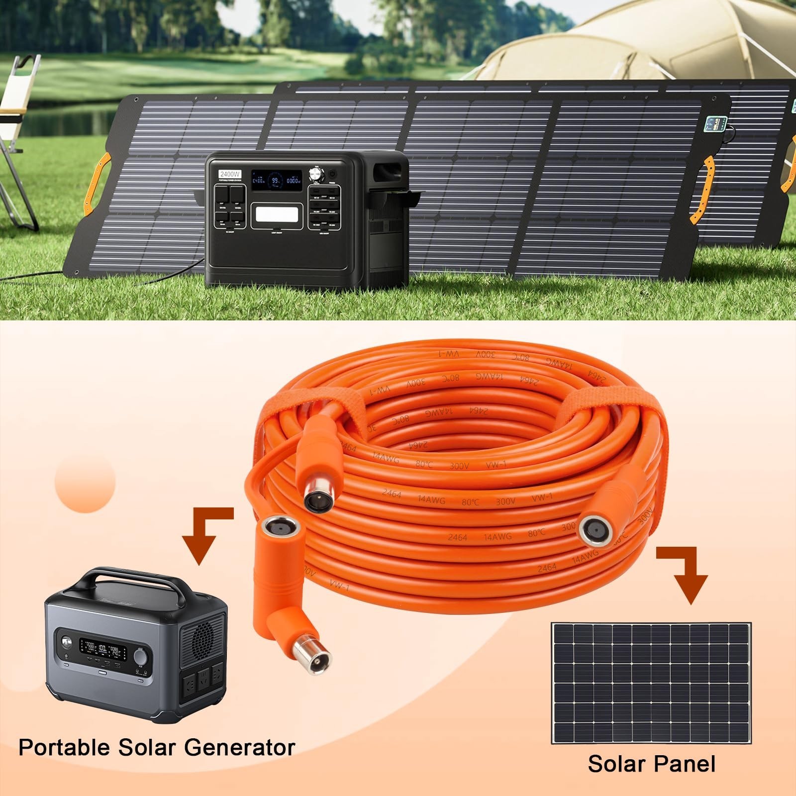 14AWG 100FT Solar Panel Extension Cable, DC7909 Female to Male with Adapter, Com