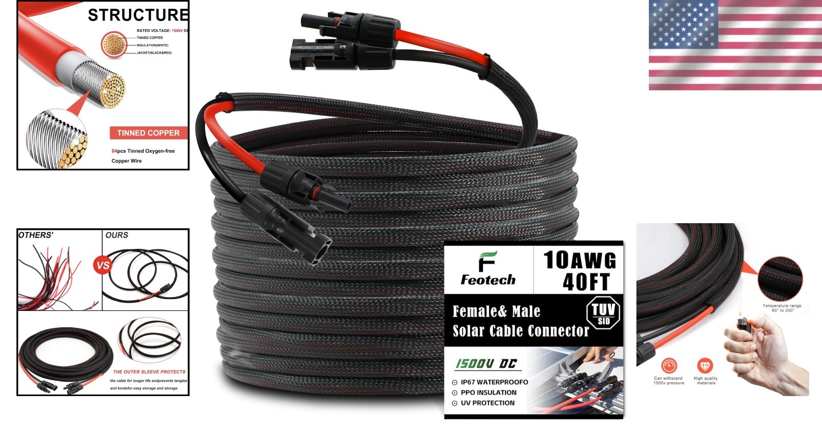 Heavy Duty 40ft 10AWG Solar Extension Cable, Braided Sleeve, MC4 Connectors