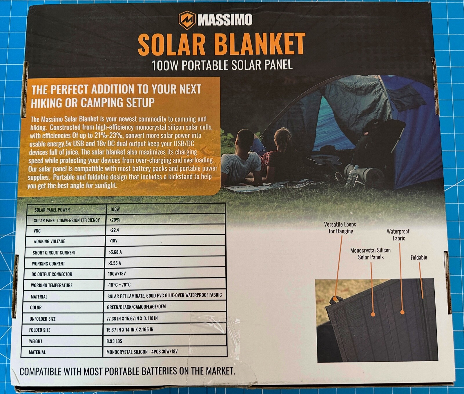 100 Watt Portable Foldable Solar Panel Blanket -Massimo – Charges Power Stations