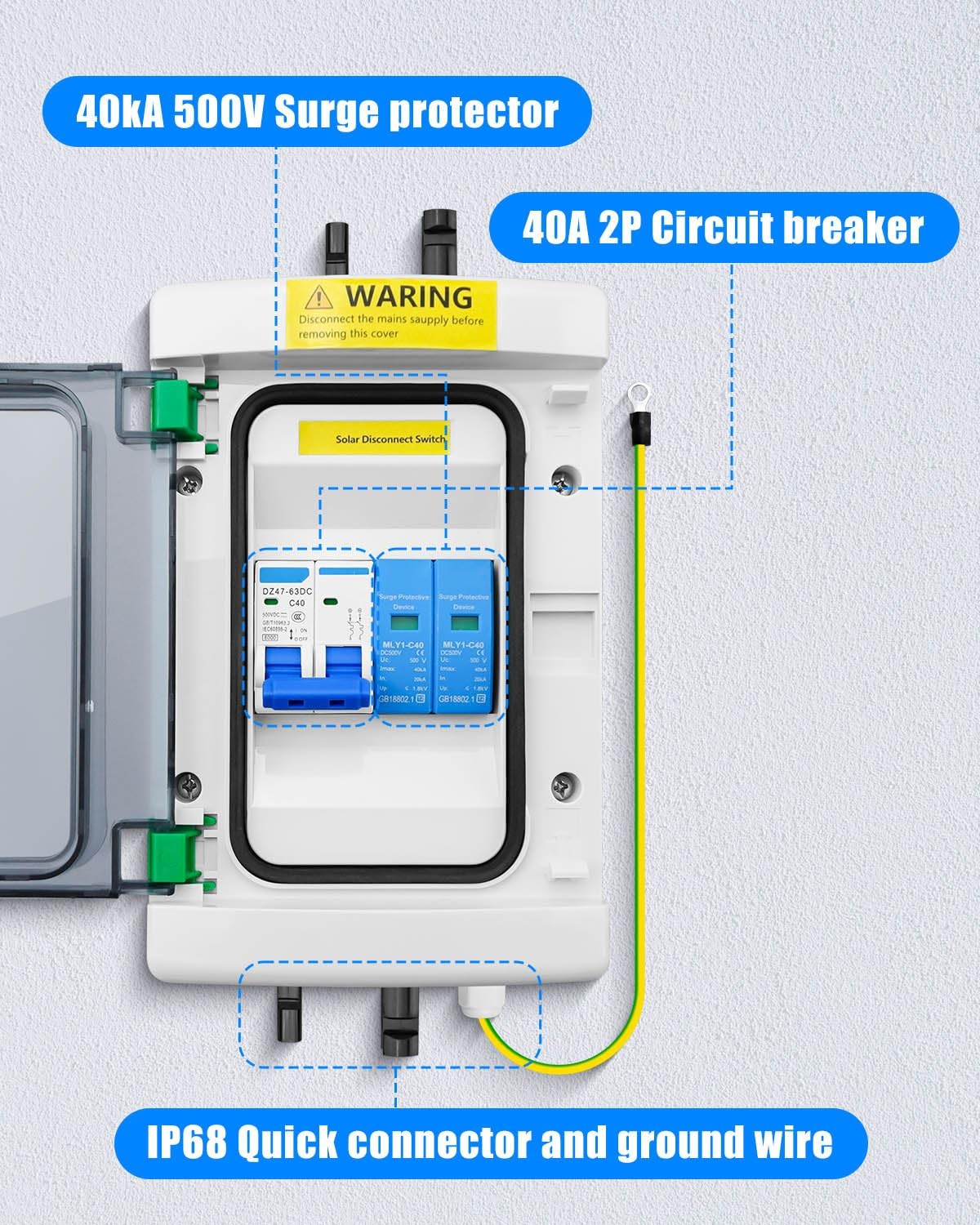 40A DC Solar Disconnect Switch – IP65 PV Circuit Breaker Box, 500V PV Disconn…