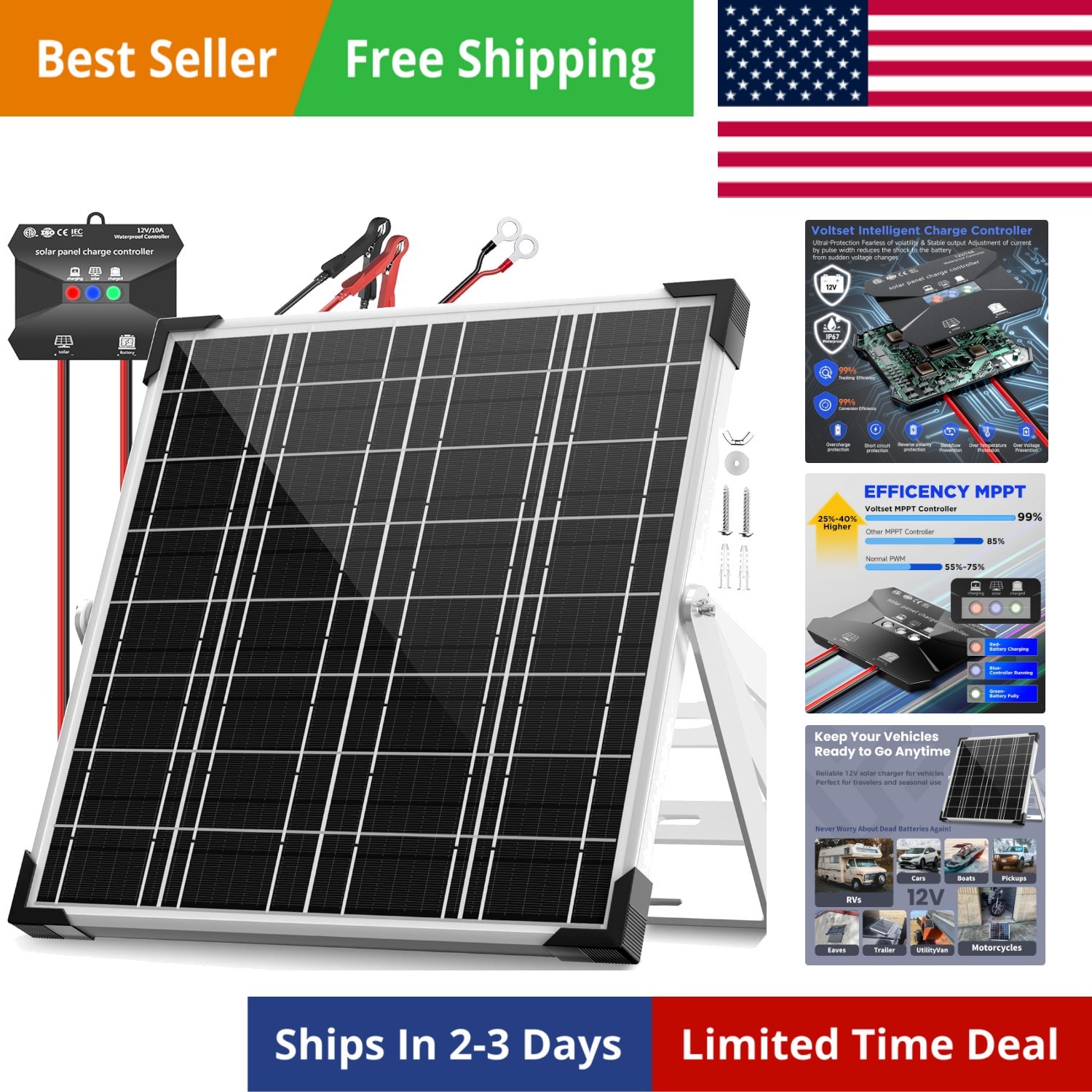 12V Solar Battery Charger – 20W Waterproof Solar Panel Kit with Smart MPPT Co…