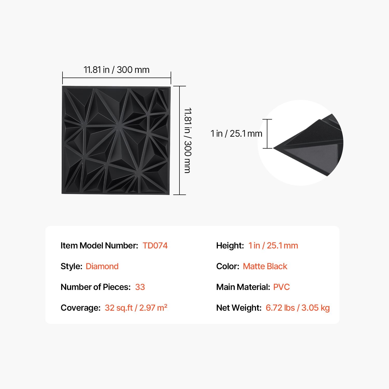 33 – Pack 11.81×11.81 in PVC 3D Diamond Wall Panels, 32 Sq Ft, Matte Black for