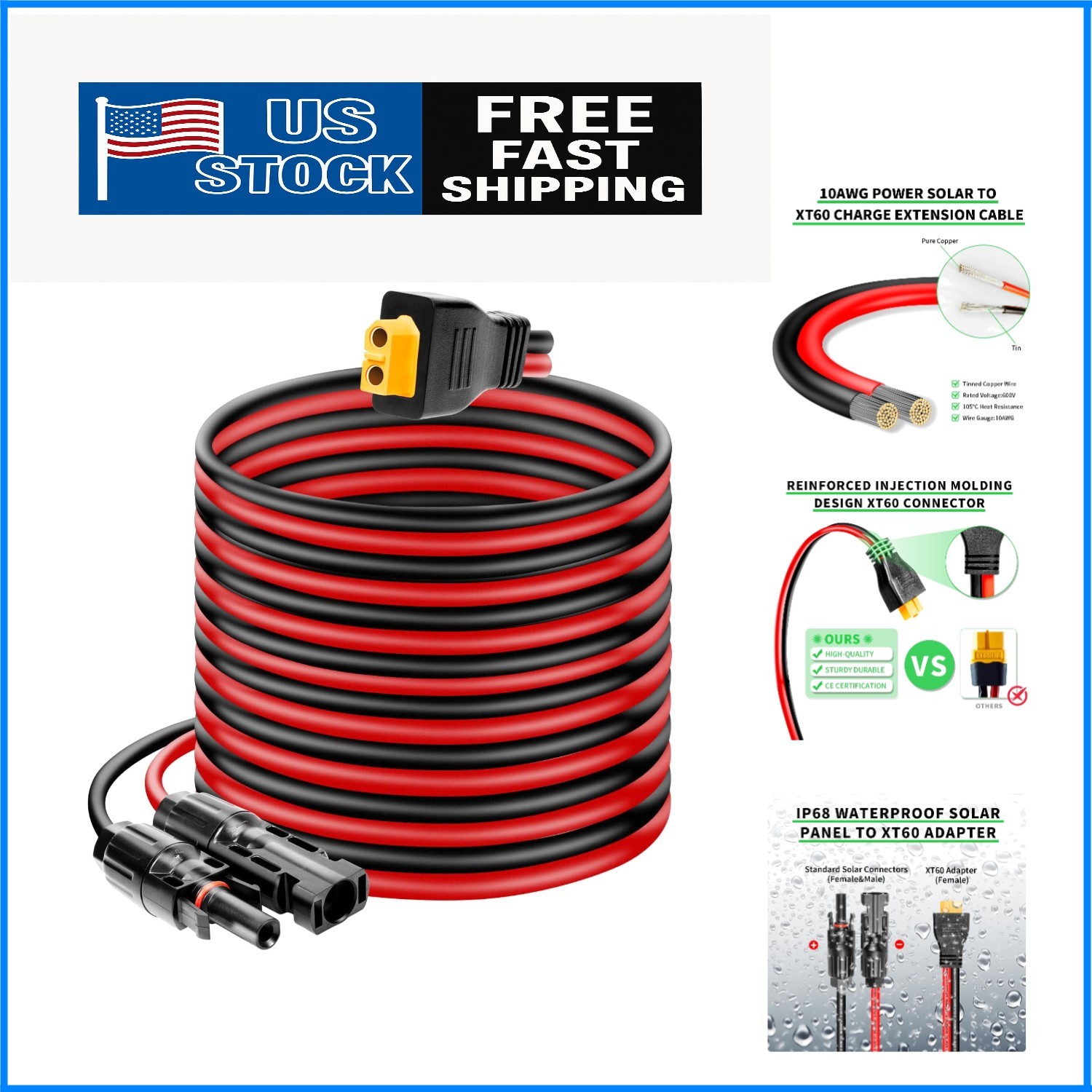 50FT XT60 Plug Solar Panel Extension Cable – Waterproof & Certified